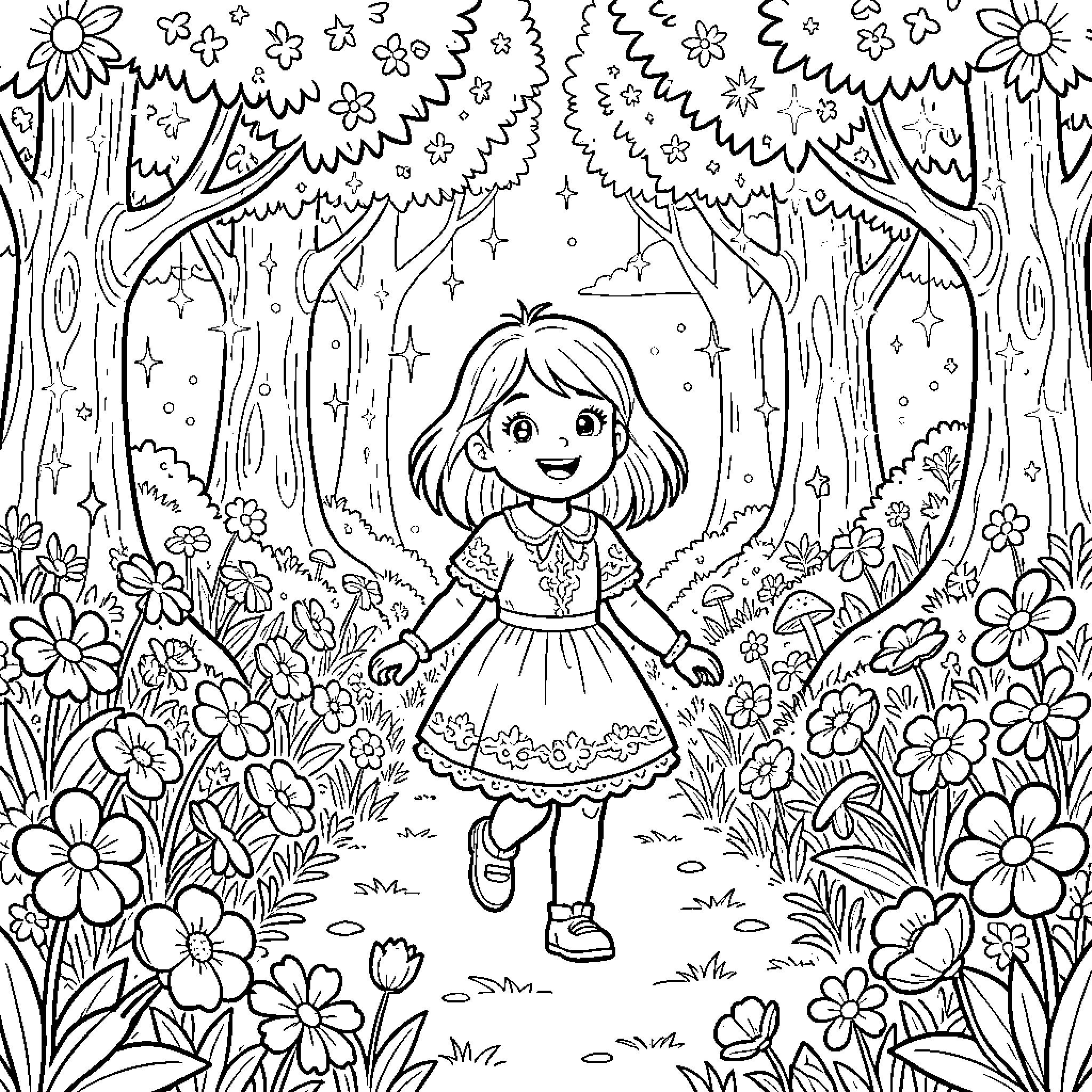 Girl exploring the enchanted floral forest Coloring Page (free black-and-white line drawing printable PDF for all, from beginners to advanced learners, including children, teens, adults, and seniors)