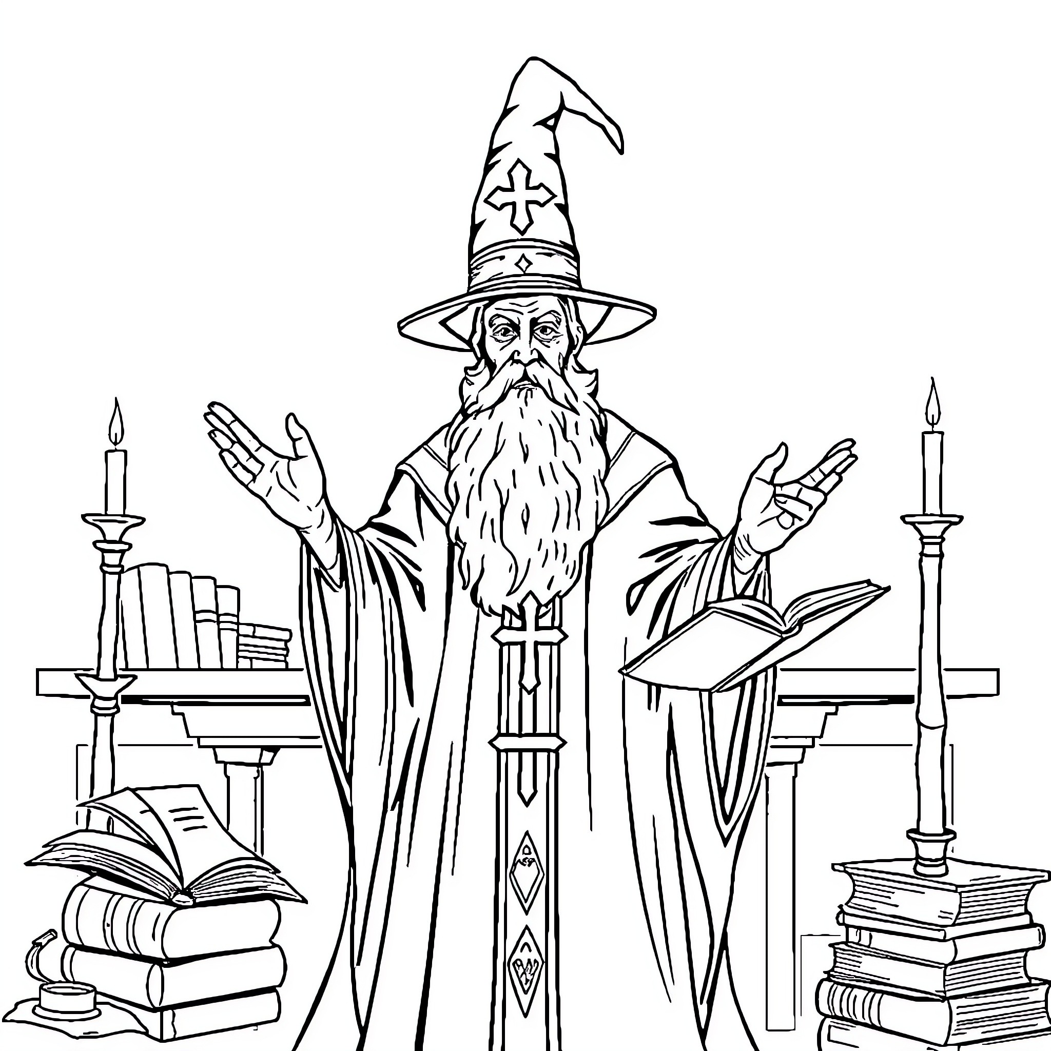 Priest performing a ritual or ceremony in a study Coloring Page (free black-and-white line drawing printable PDF for all, from beginners to advanced learners, including children, teens, adults, and seniors)