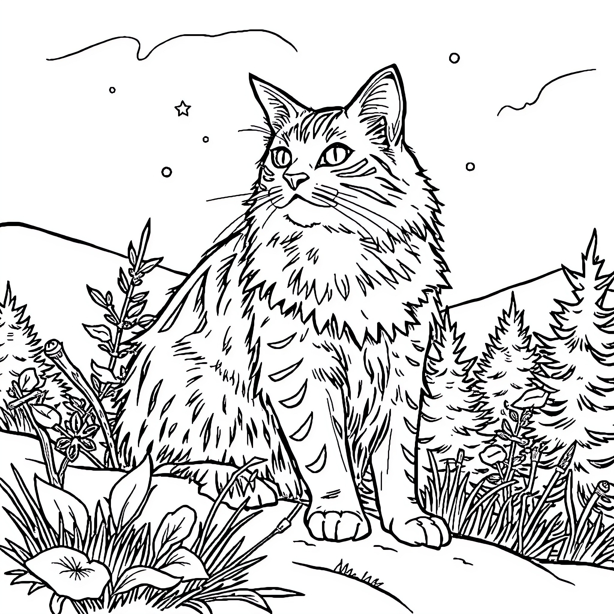 Horse in a serene nature scene Coloring Page (free black-and-white line drawing printable PDF for all, from beginners to advanced learners, including children, teens, adults, and seniors)