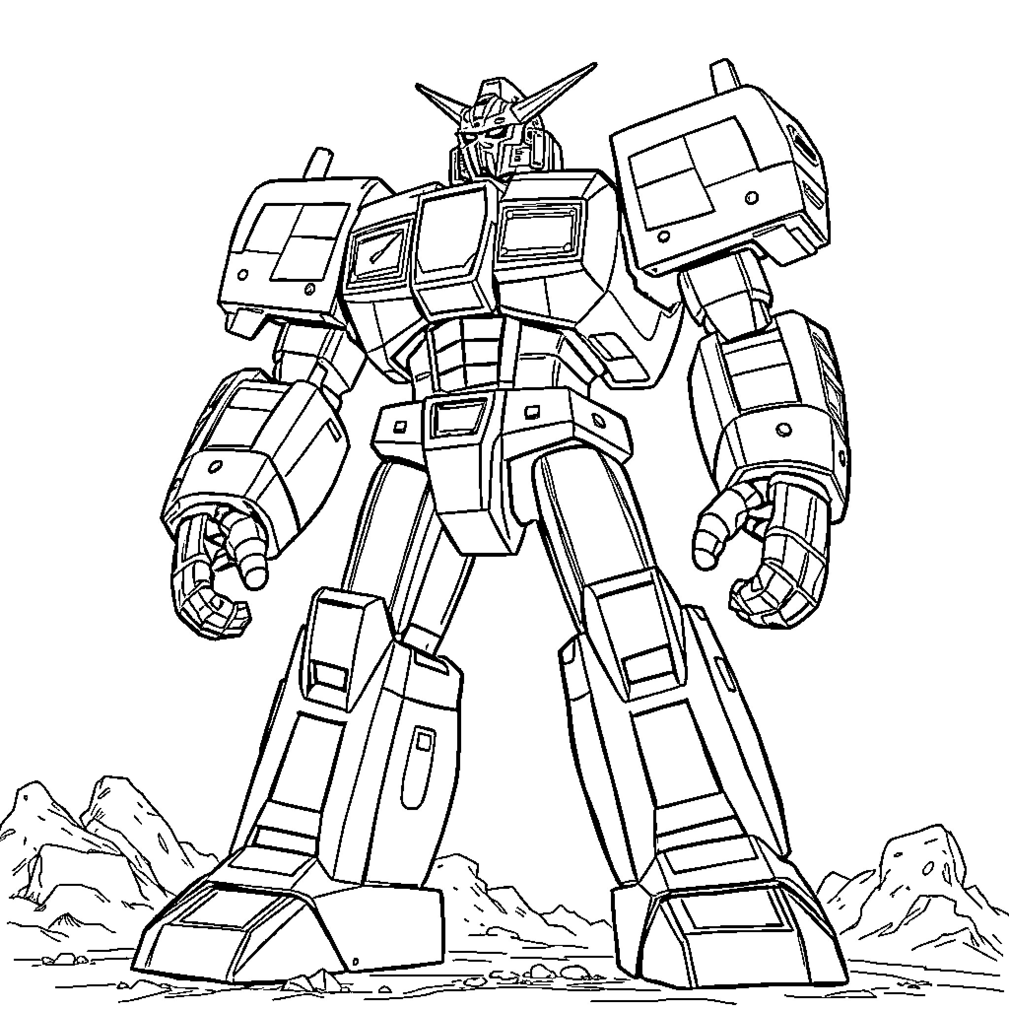 Goldorak mech robot in heroic battle pose Coloring Page (free black-and-white line drawing printable PDF for all, from beginners to advanced learners, including children, teens, adults, and seniors)