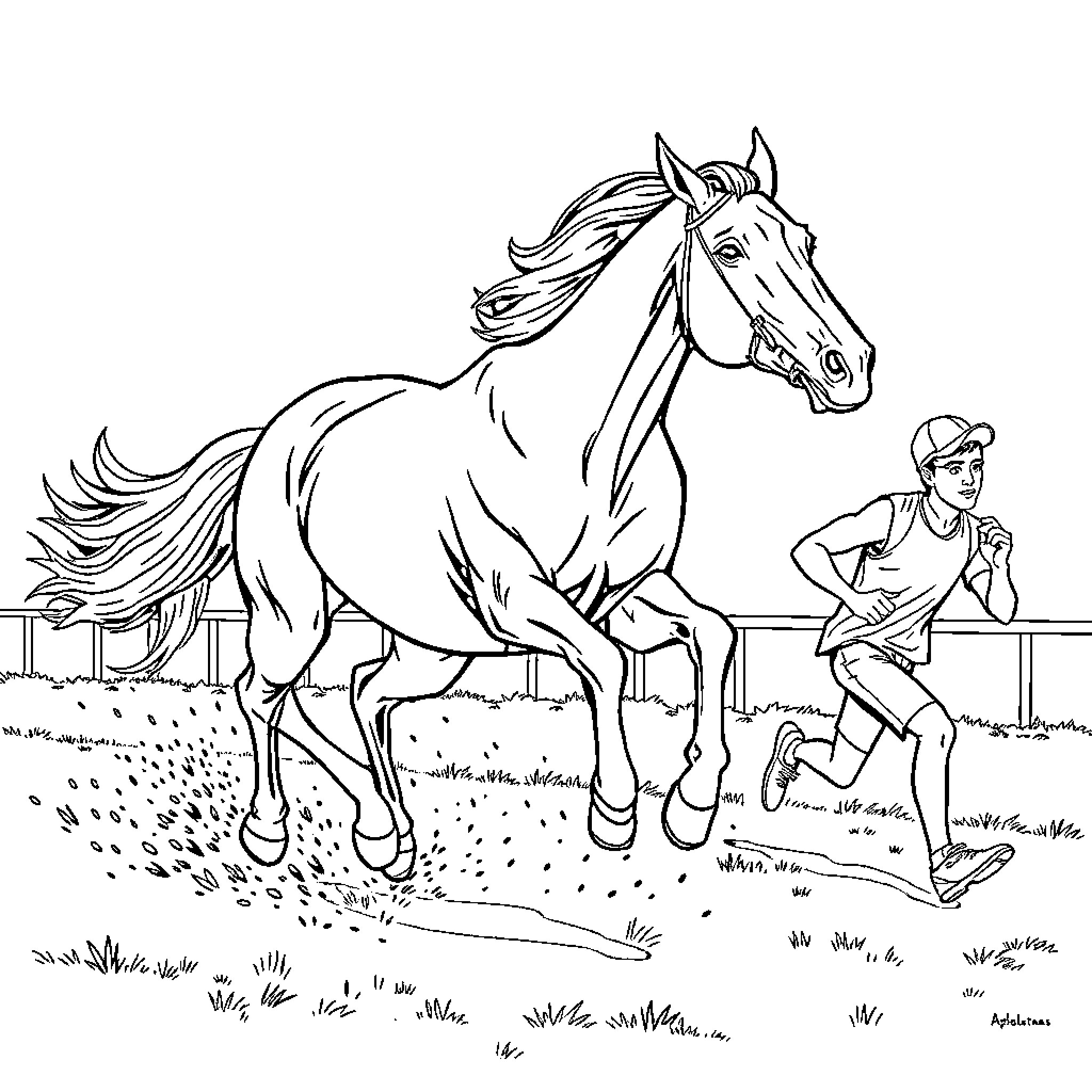 Horse running freely with cowboy alongside Coloring Page (free black-and-white line drawing printable PDF for all, from beginners to advanced learners, including children, teens, adults, and seniors)