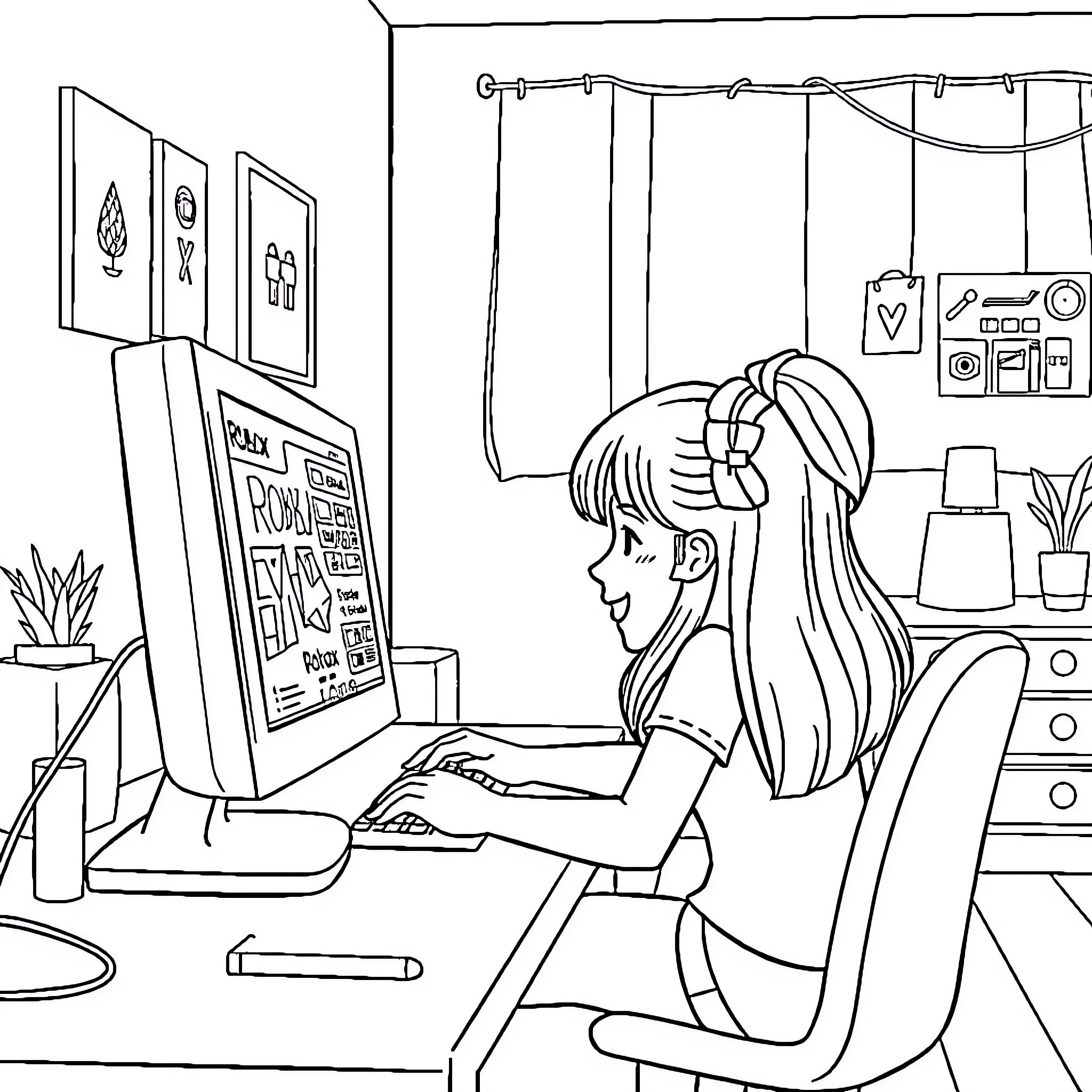 Kid focused on computer screen in bedroom Coloring Page (free black-and-white line drawing printable PDF for all, from beginners to advanced learners, including children, teens, adults, and seniors)