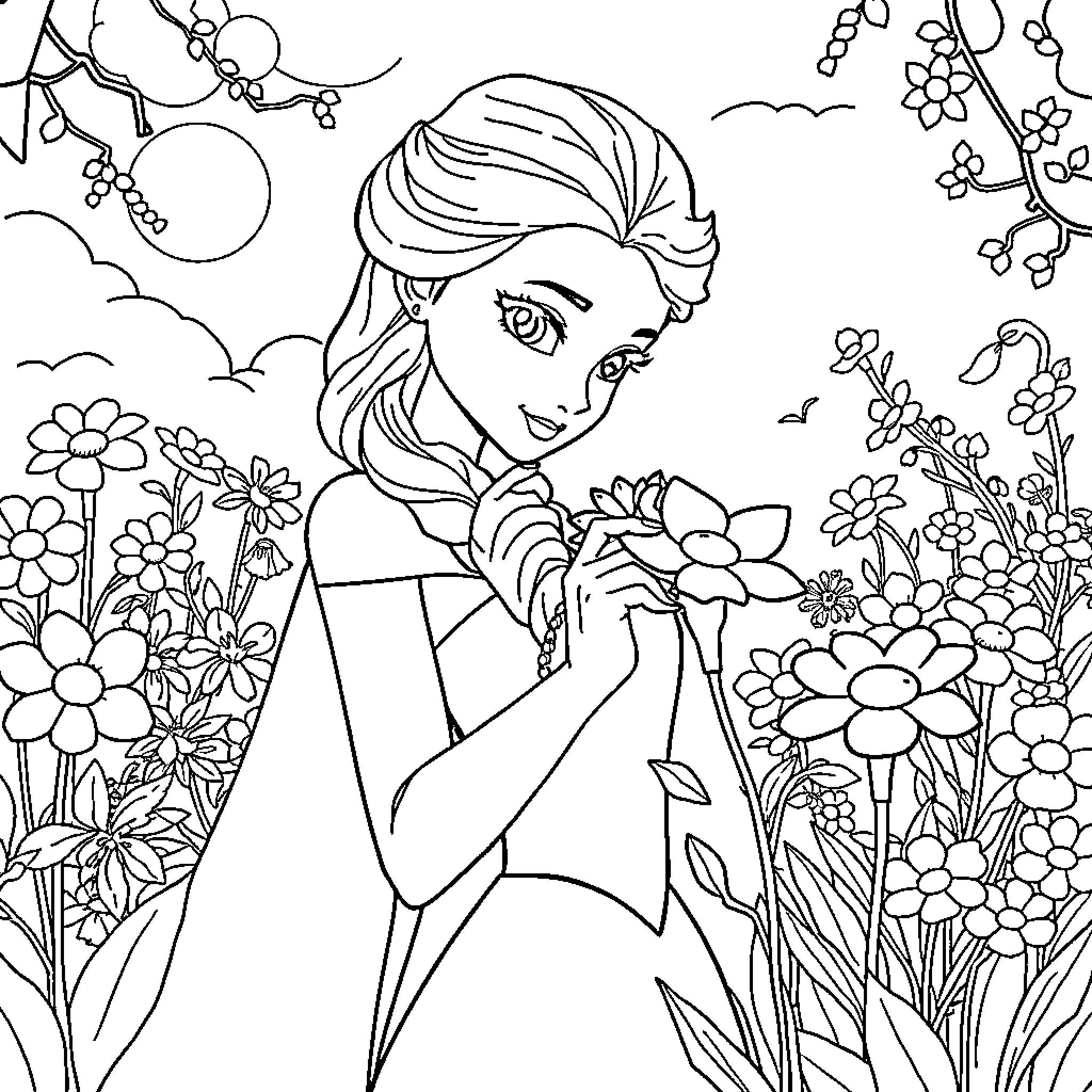 Elsa admiring the nature's beauty in a garden Coloring Page (free black-and-white line drawing printable PDF for all, from beginners to advanced learners, including children, teens, adults, and seniors)