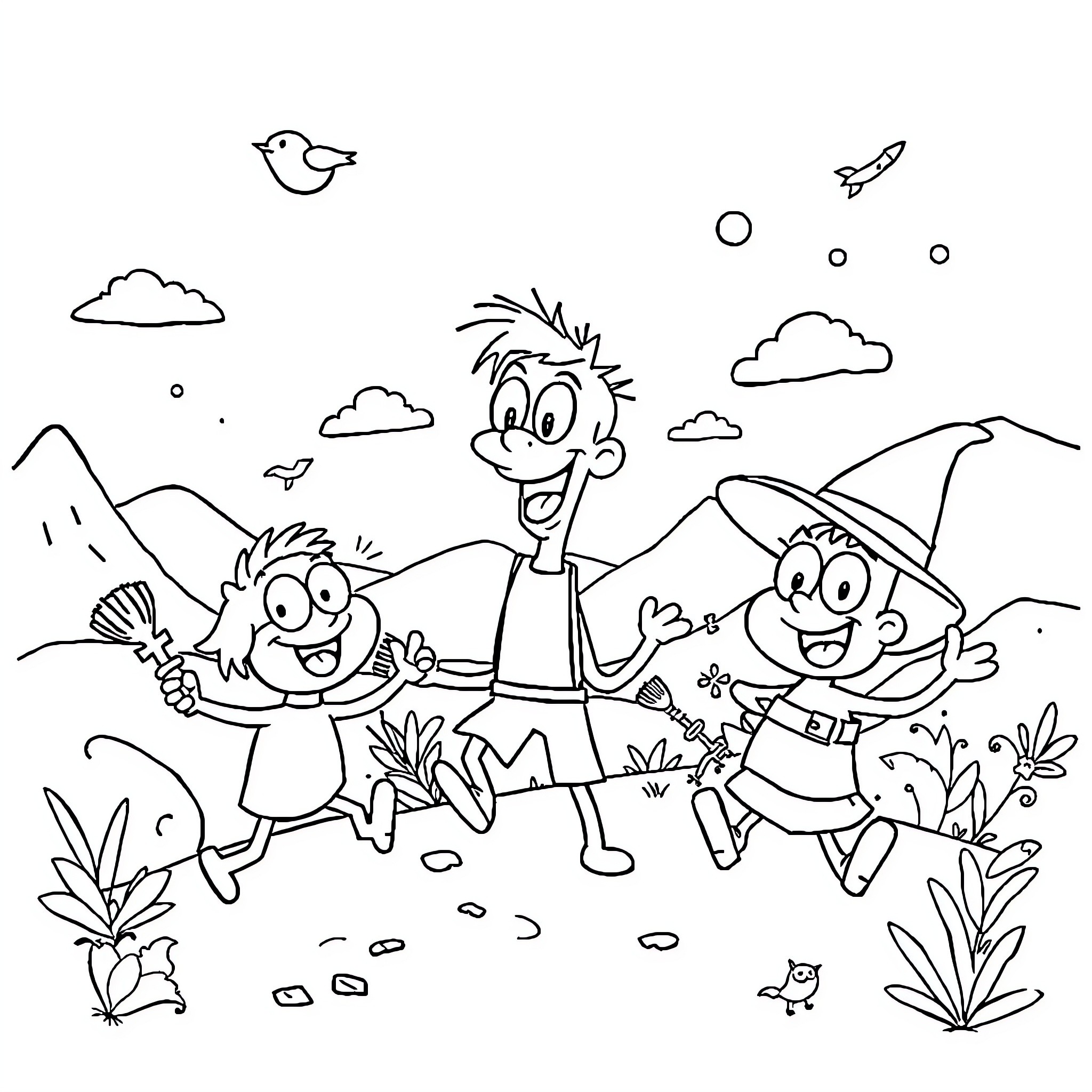 Cartoon characters exploring the outdoors Coloring Page (free black-and-white line drawing printable PDF for all, from beginners to advanced learners, including children, teens, adults, and seniors)