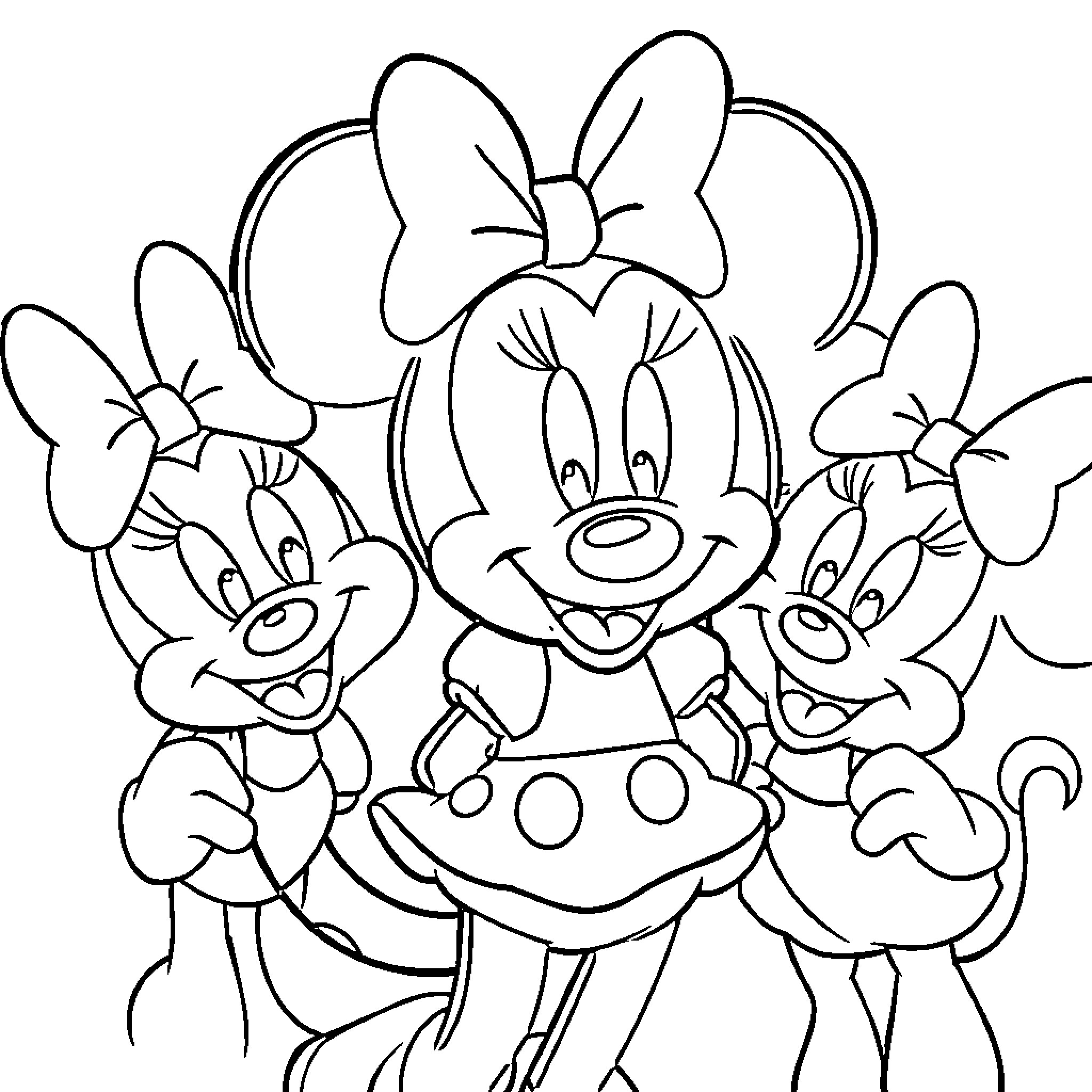 Minnie and her friends in a playful pose Coloring Page (free black-and-white line drawing printable PDF for all, from beginners to advanced learners, including children, teens, adults, and seniors)