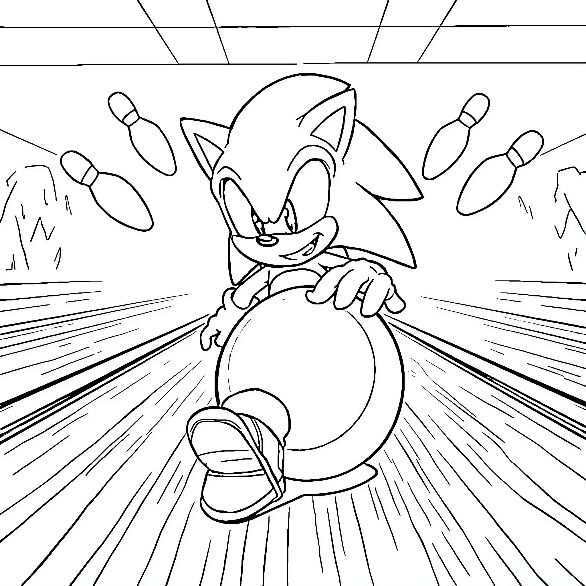 Sonic's Thrilling Adventure with Bowling Pins Coloring Page (free black-and-white line drawing printable PDF for all, from beginners to advanced learners, including children, teens, adults, and seniors)