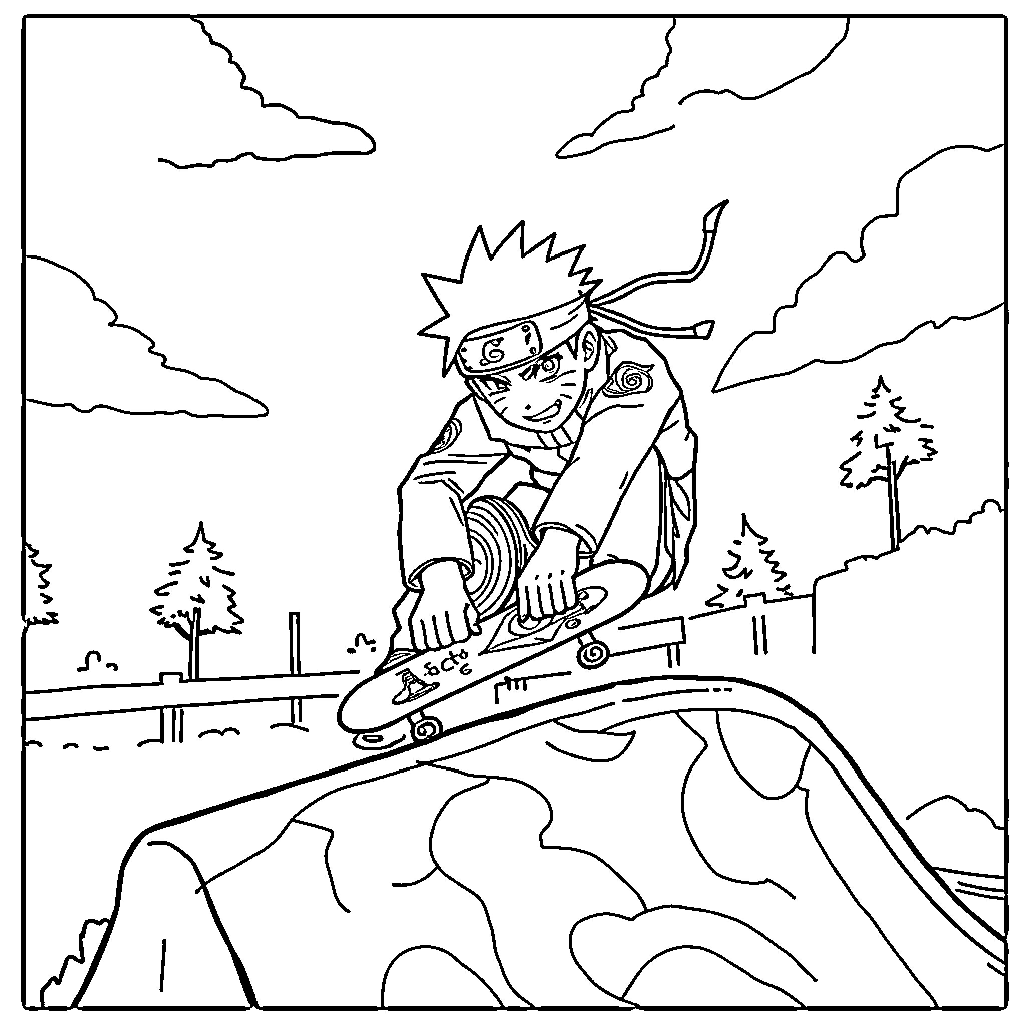 Naruto skateboarding through the wilderness Coloring Page (free black-and-white line drawing printable PDF for all, from beginners to advanced learners, including children, teens, adults, and seniors)