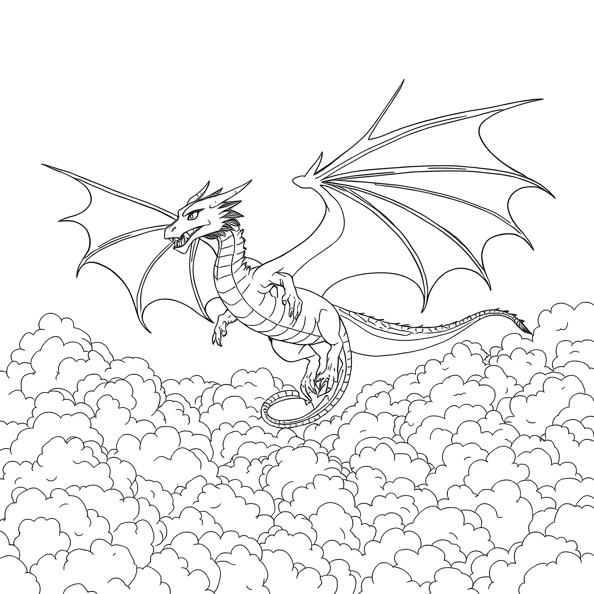 Dragon soaring through the cloudy sky Coloring Page (free black-and-white line drawing printable PDF for all, from beginners to advanced learners, including children, teens, adults, and seniors)