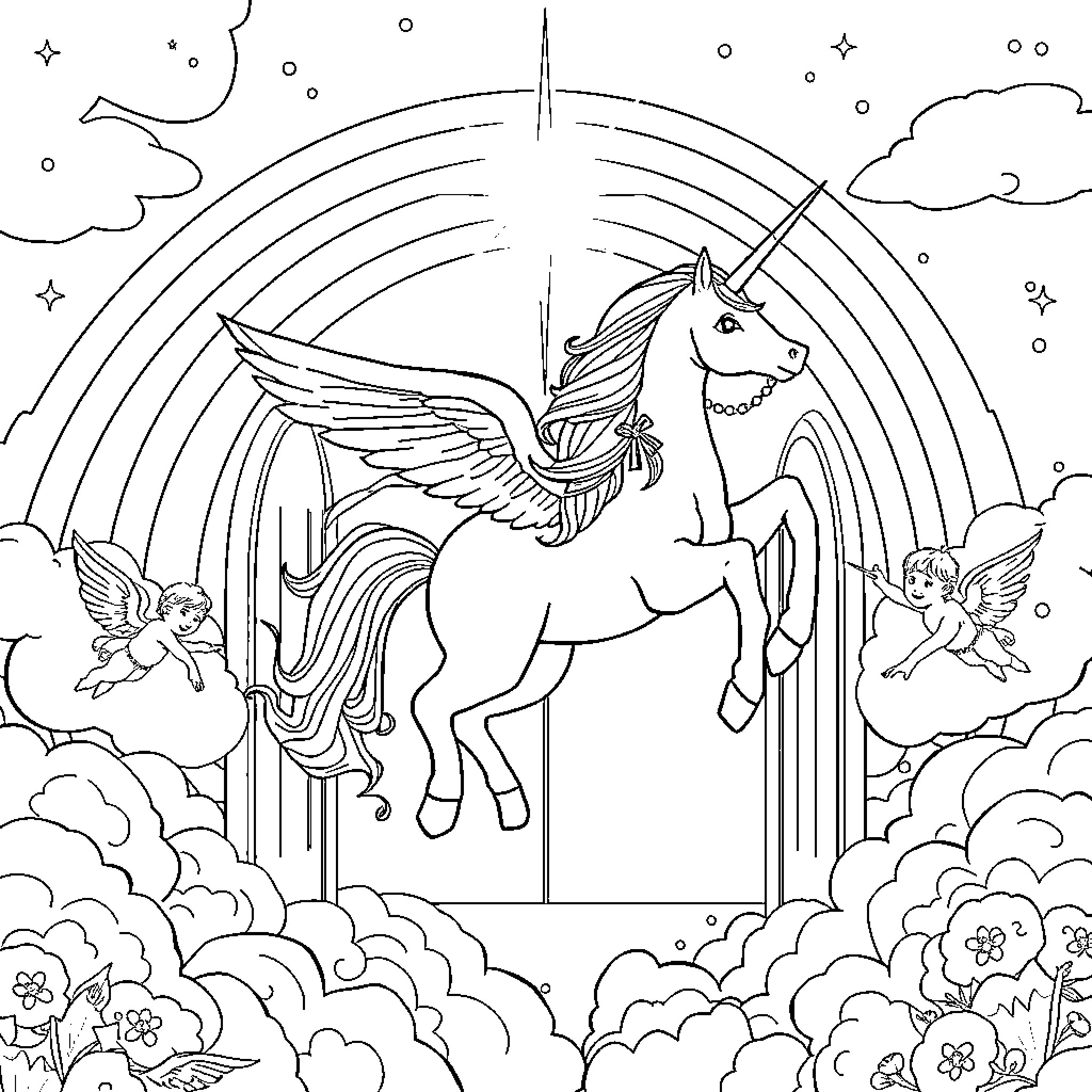 Unicorn soaring through enchanted skies with cherubs Coloring Page (free black-and-white line drawing printable PDF for all, from beginners to advanced learners, including children, teens, adults, and seniors)