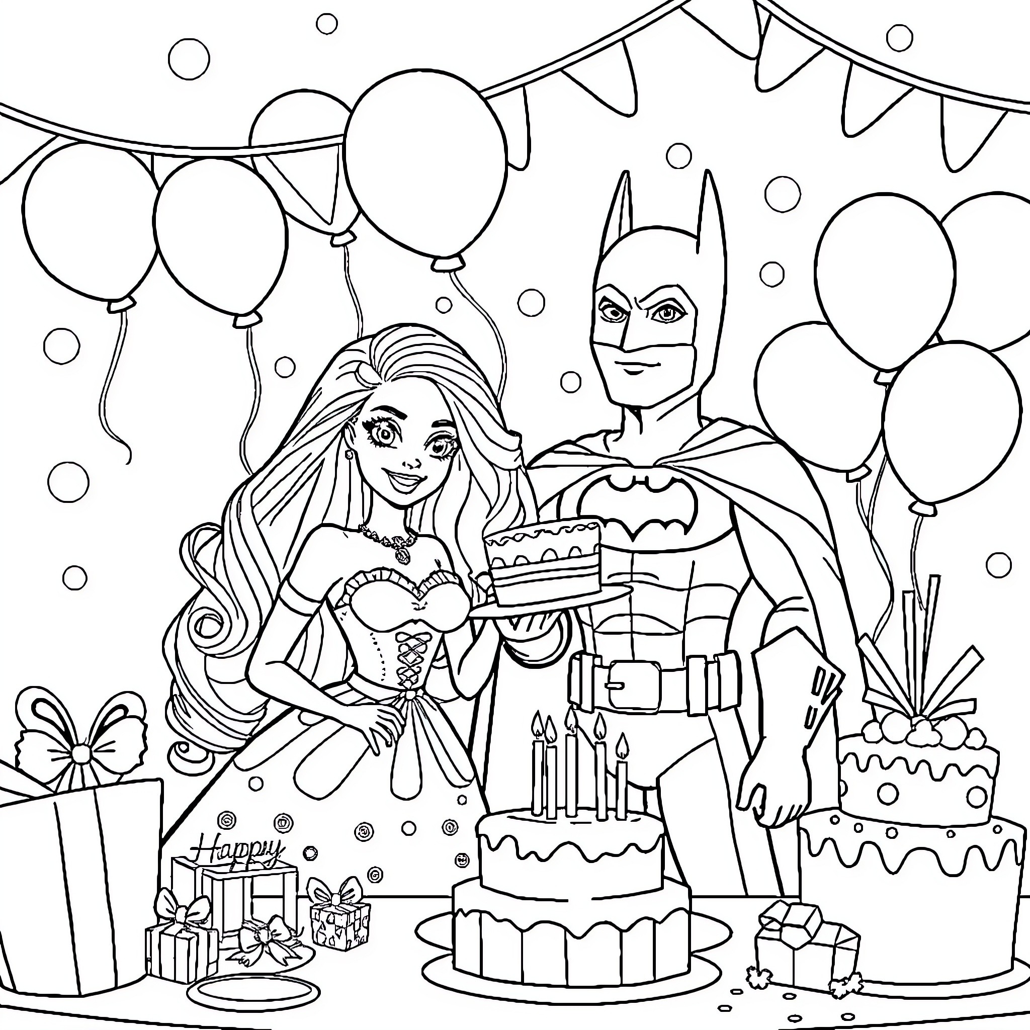 Barbie and Batman Celebrate a Birthday Party Coloring Page (free black-and-white line drawing printable PDF for all, from beginners to advanced learners, including children, teens, adults, and seniors)