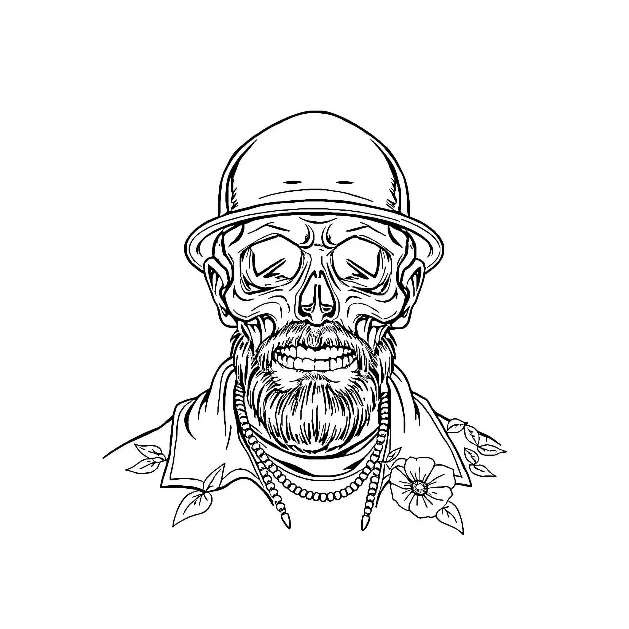 Tattoo of a skull-faced man with a hat Coloring Page (free black-and-white line drawing printable PDF for all, from beginners to advanced learners, including children, teens, adults, and seniors)