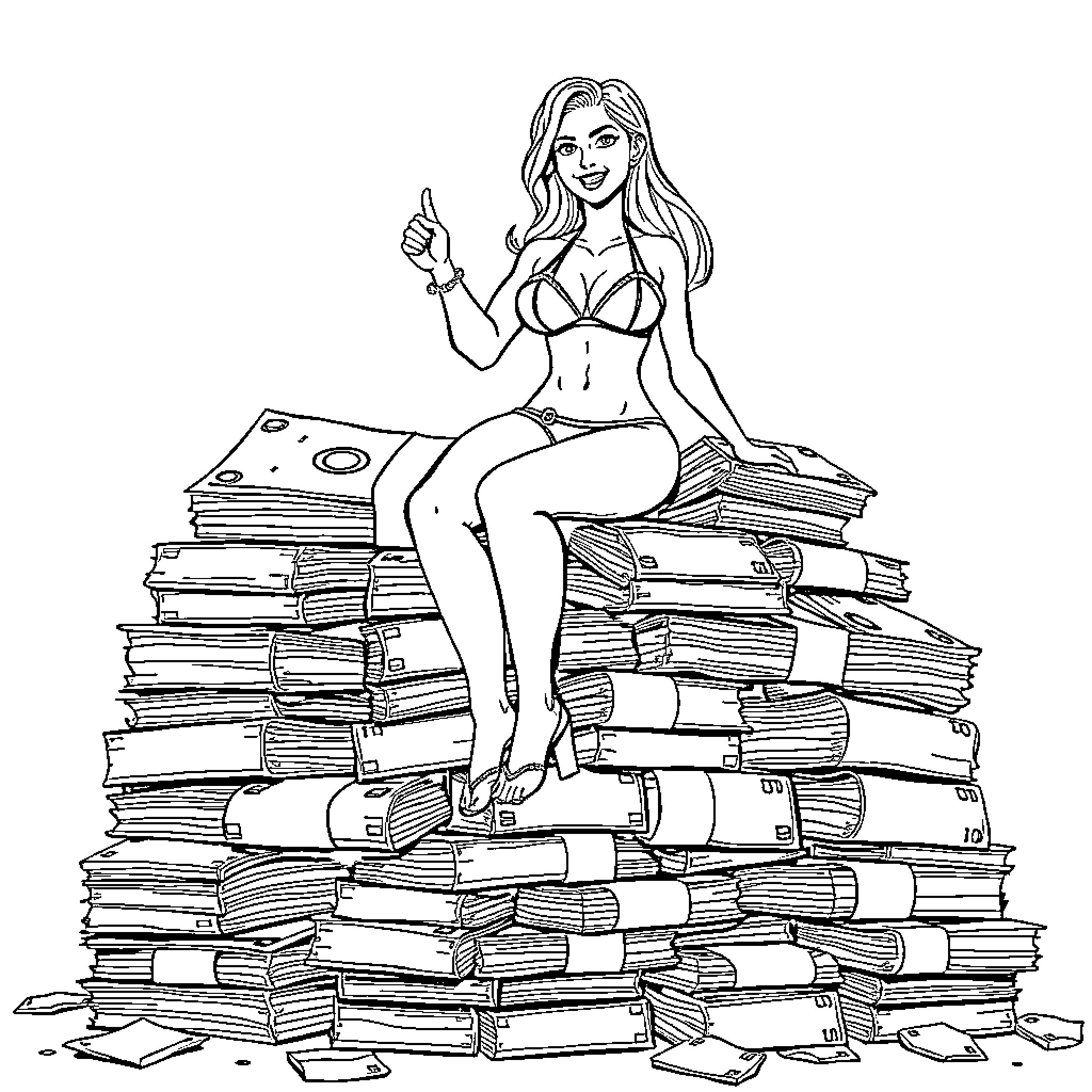 Cash and Confidence on a Pile of Books Coloring Page (free black-and-white line drawing printable PDF for all, from beginners to advanced learners, including children, teens, adults, and seniors)