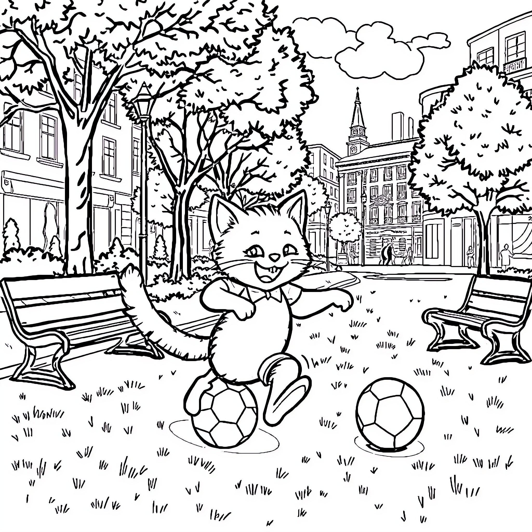 Cat Enjoying Outdoor Playtime in the City Coloring Page (free black-and-white line drawing printable PDF for all, from beginners to advanced learners, including children, teens, adults, and seniors)