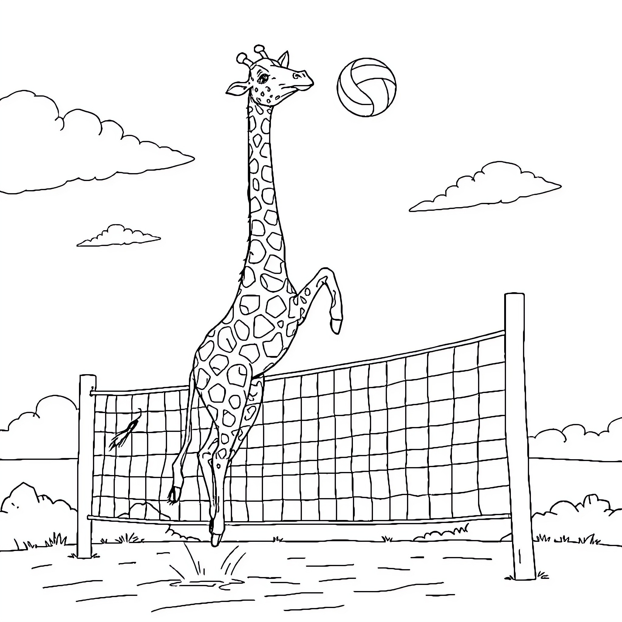 Giraffe playing volleyball in the park Coloring Page (free black-and-white line drawing printable PDF for all, from beginners to advanced learners, including children, teens, adults, and seniors)