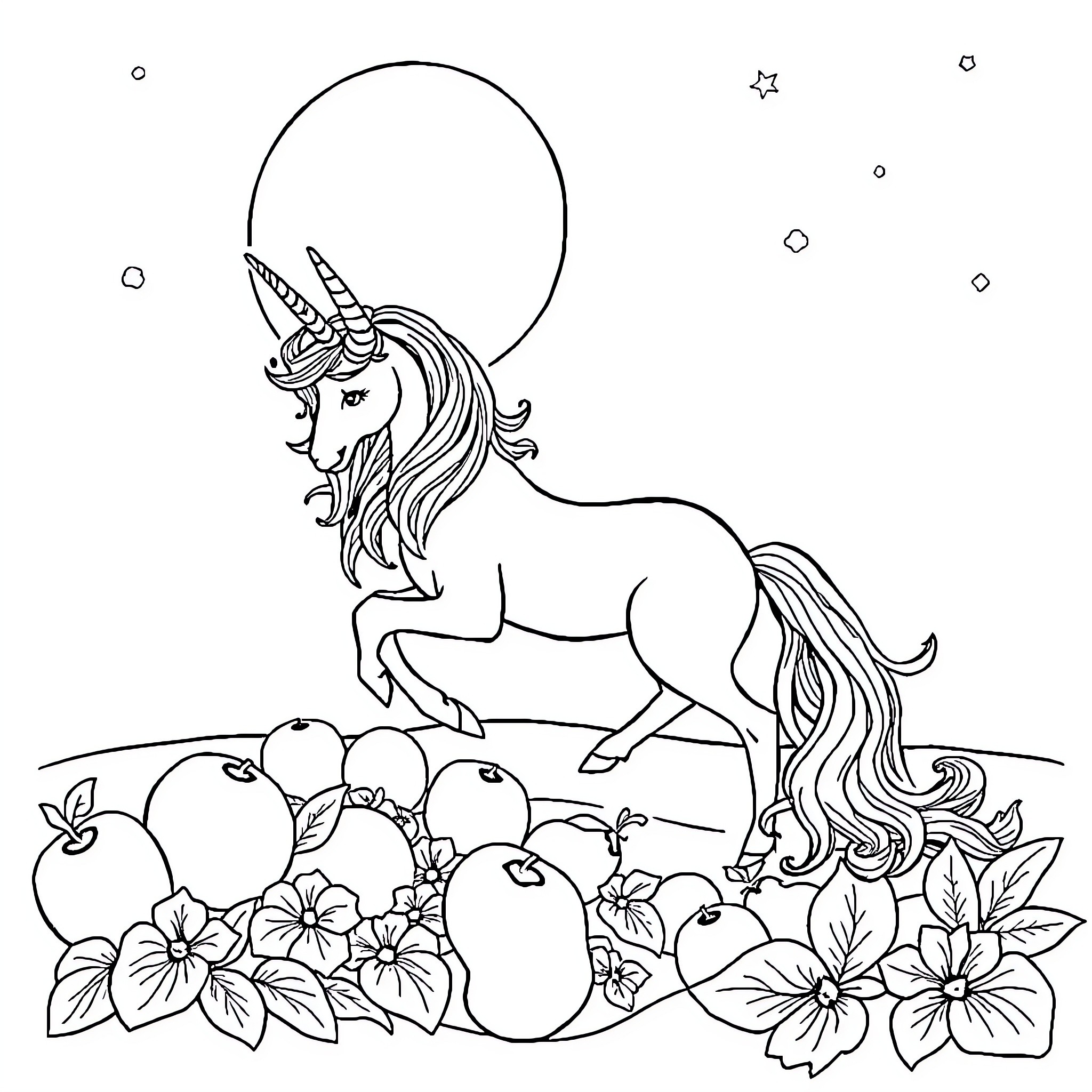 Unicorn standing amidst flowers and fruits Coloring Page (free black-and-white line drawing printable PDF for all, from beginners to advanced learners, including children, teens, adults, and seniors)