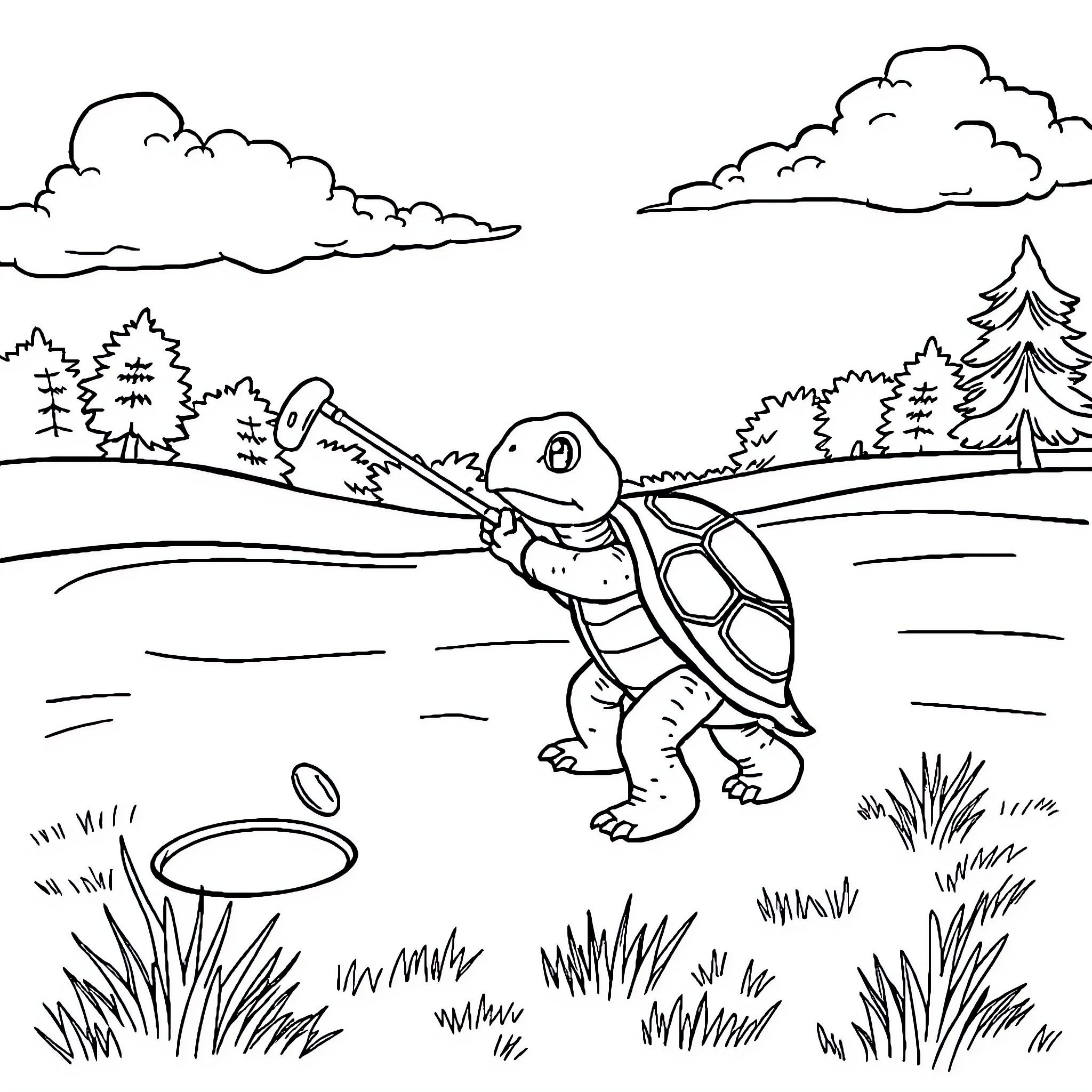 Turtle hiking through the scenic forest landscape Coloring Page (free black-and-white line drawing printable PDF for all, from beginners to advanced learners, including children, teens, adults, and seniors)