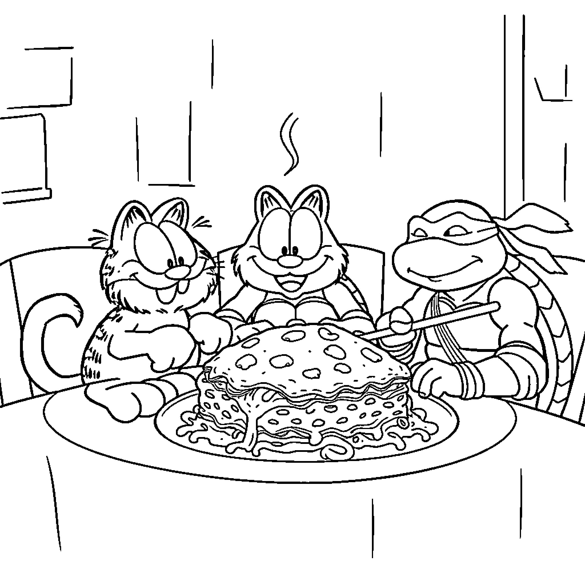 Garfield and friends enjoying a delicious pizza Coloring Page (free black-and-white line drawing printable PDF for all, from beginners to advanced learners, including children, teens, adults, and seniors)