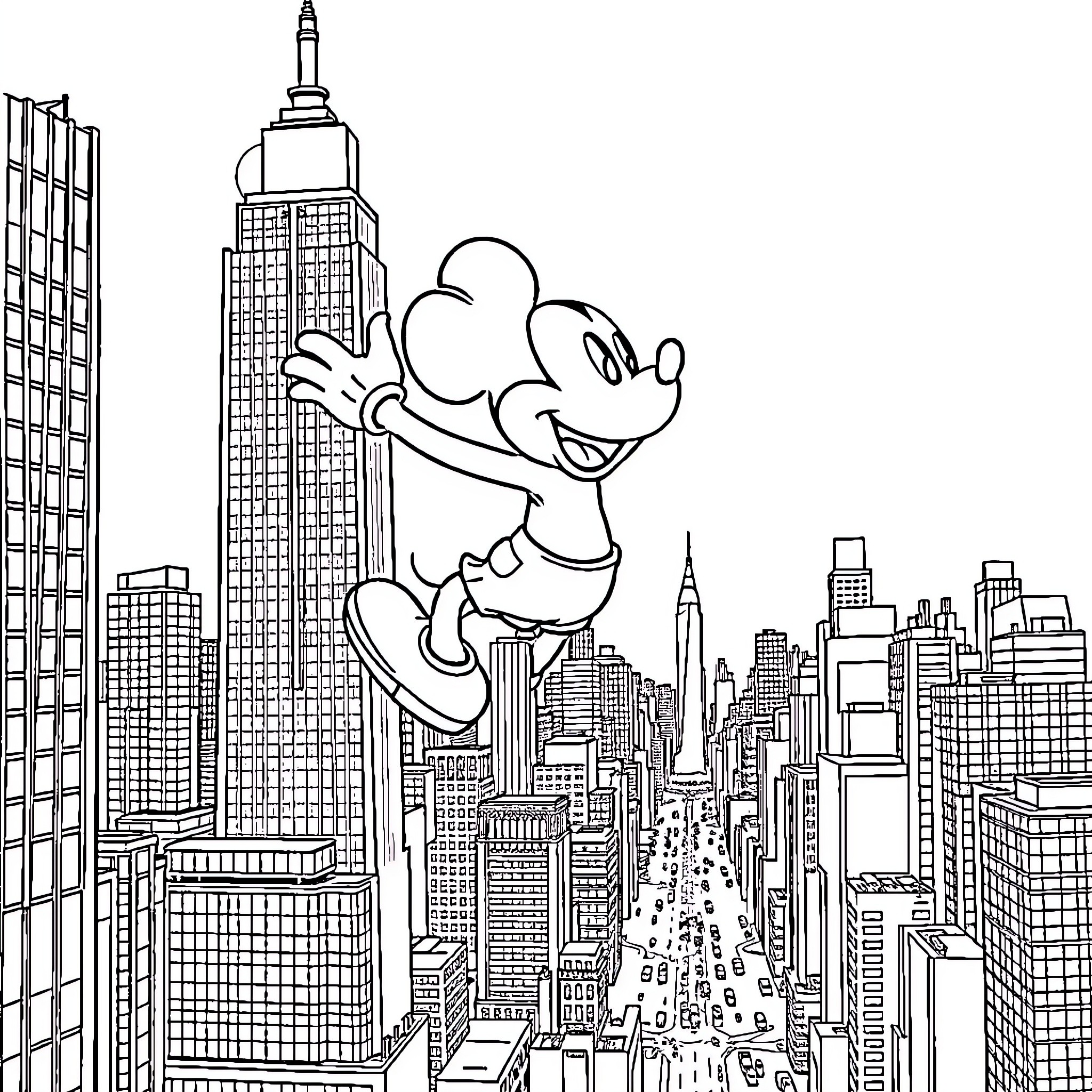 Mickey Exploring the Bustling City Skyline Coloring Page (free black-and-white line drawing printable PDF for all, from beginners to advanced learners, including children, teens, adults, and seniors)