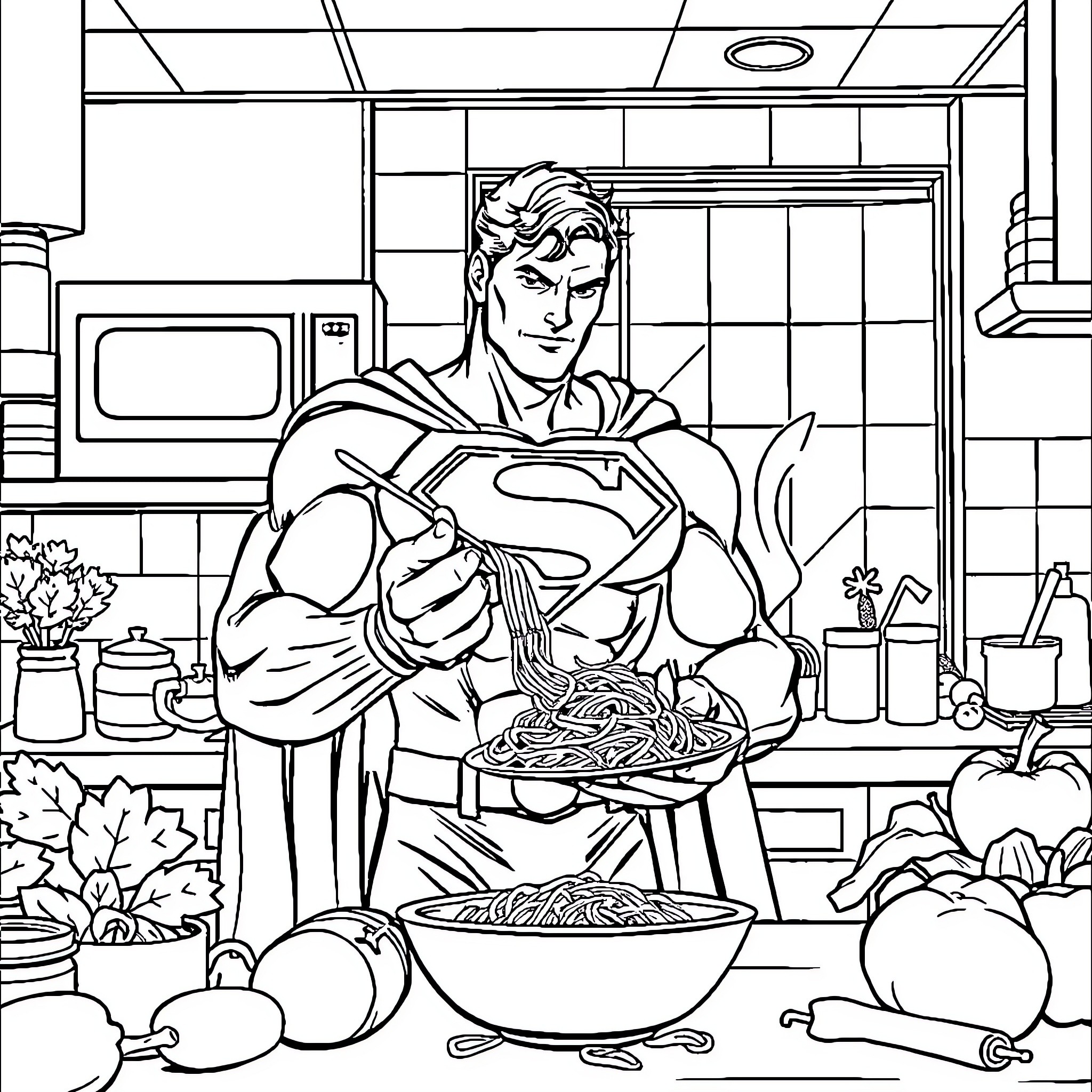 Superman preparing a hearty meal in the kitchen Coloring Page (free black-and-white line drawing printable PDF for all, from beginners to advanced learners, including children, teens, adults, and seniors)