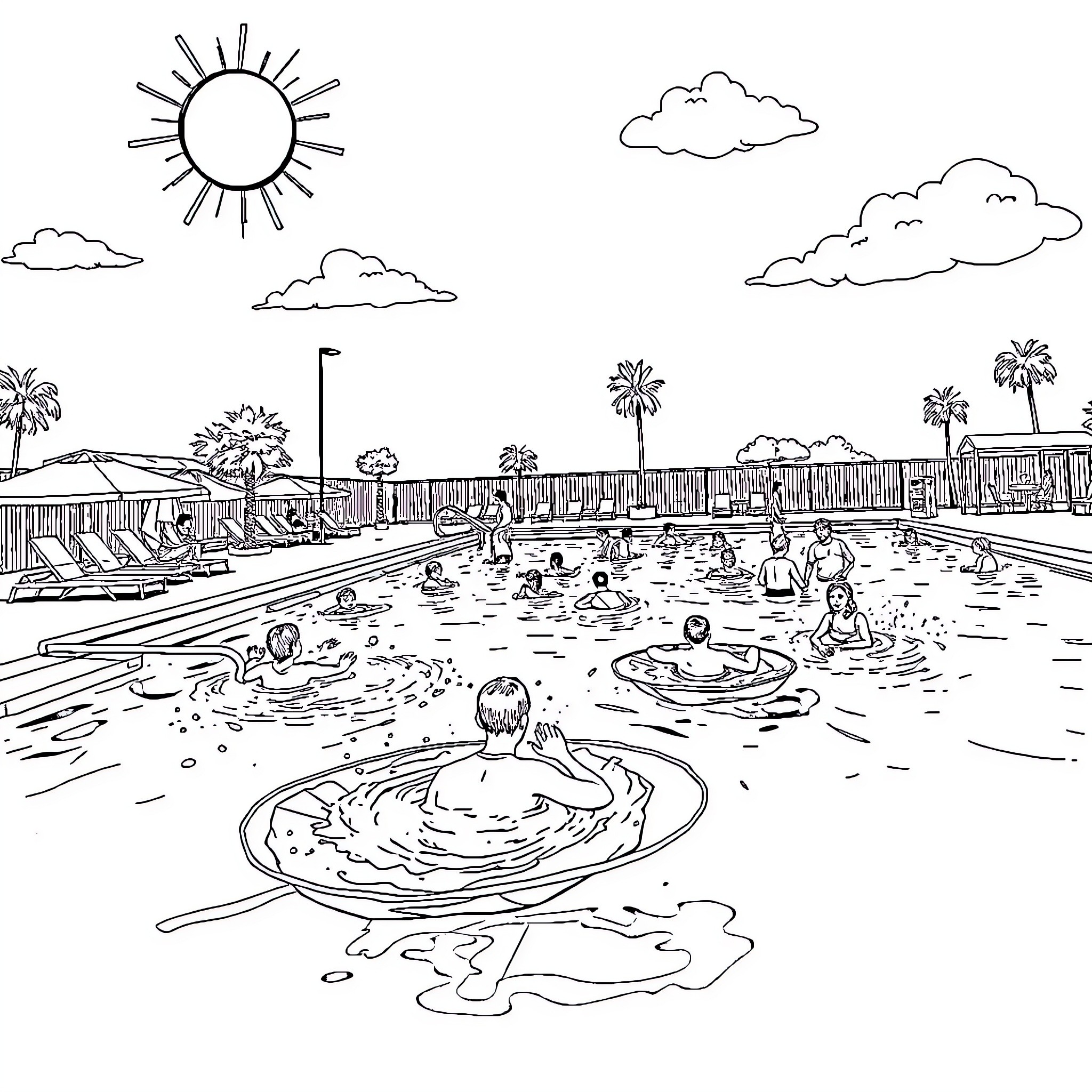 Pool day with people enjoying the water Coloring Page (free black-and-white line drawing printable PDF for all, from beginners to advanced learners, including children, teens, adults, and seniors)