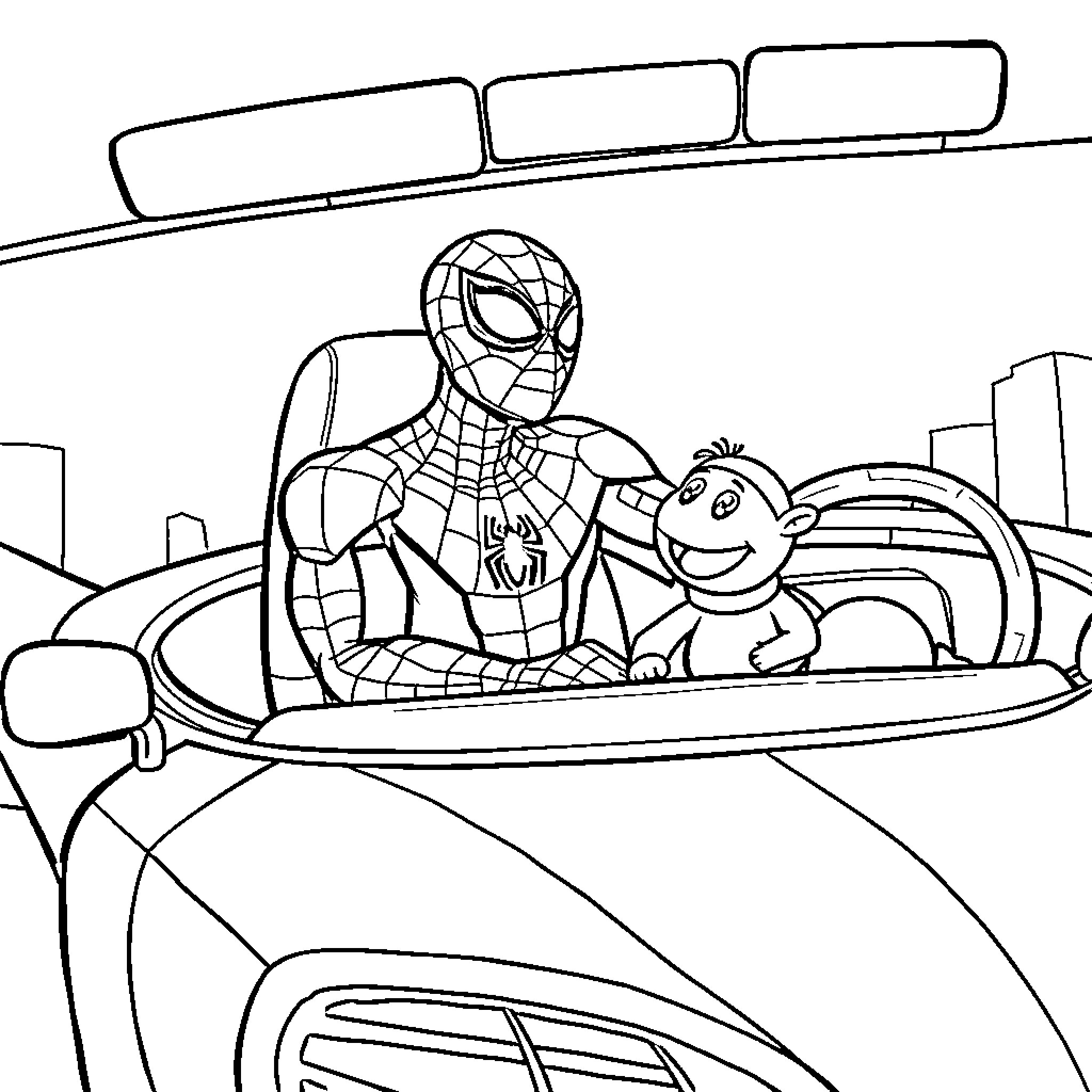 Spiderman and Sidekick Riding in Superhero Vehicle Coloring Page (free black-and-white line drawing printable PDF for all, from beginners to advanced learners, including children, teens, adults, and seniors)