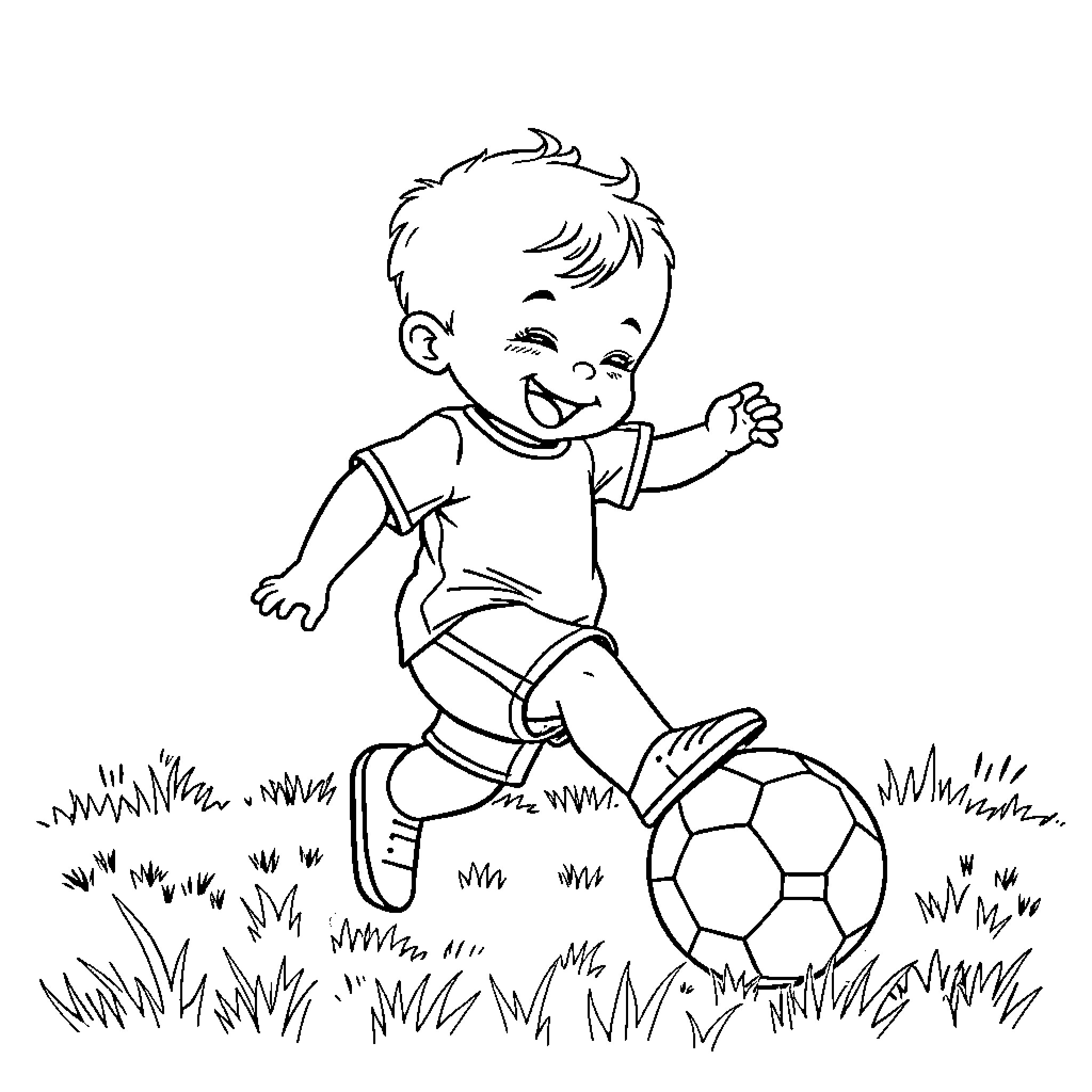 Baby playing joyfully with soccer ball Coloring Page (free black-and-white line drawing printable PDF for all, from beginners to advanced learners, including children, teens, adults, and seniors)