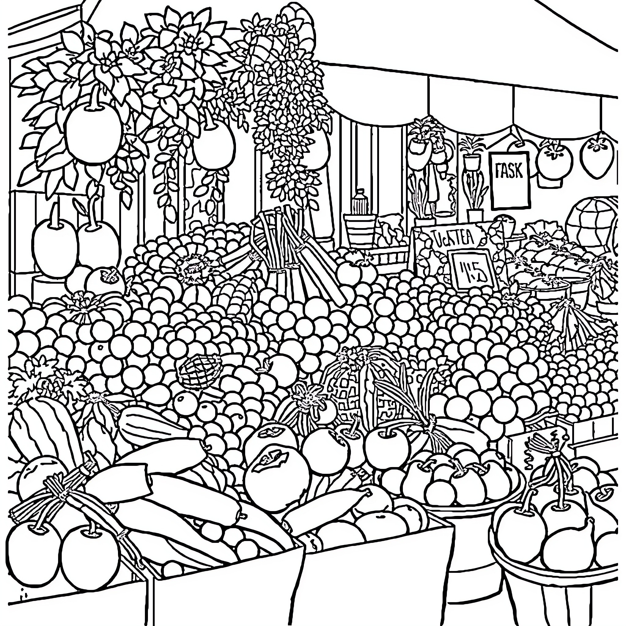 Fruit and Vegetable Market Stall with Diverse Produce Coloring Page (free black-and-white line drawing printable PDF for all, from beginners to advanced learners, including children, teens, adults, and seniors)
