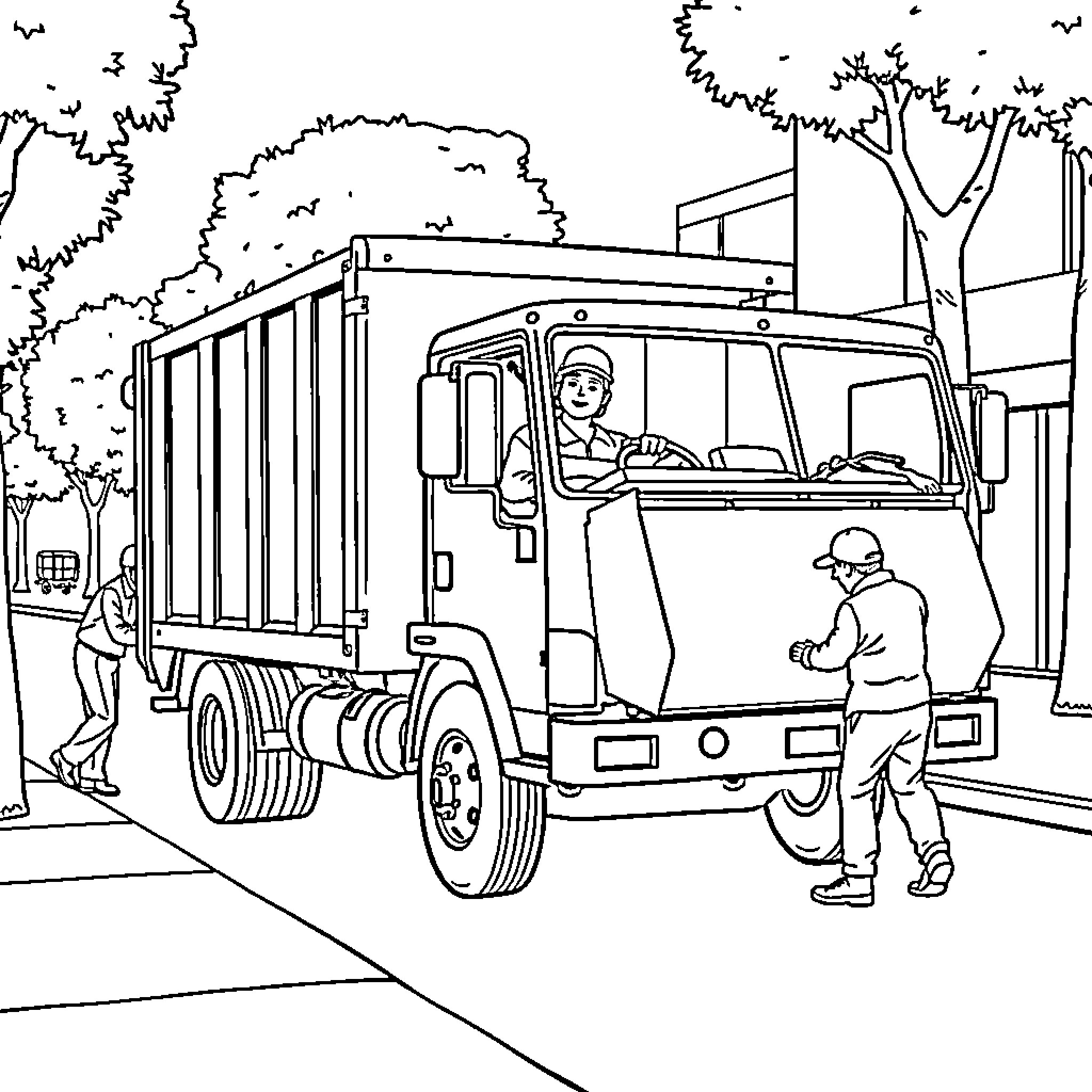 Bin Truck Collecting Waste in Urban Neighborhood Coloring Page (free black-and-white line drawing printable PDF for all, from beginners to advanced learners, including children, teens, adults, and seniors)
