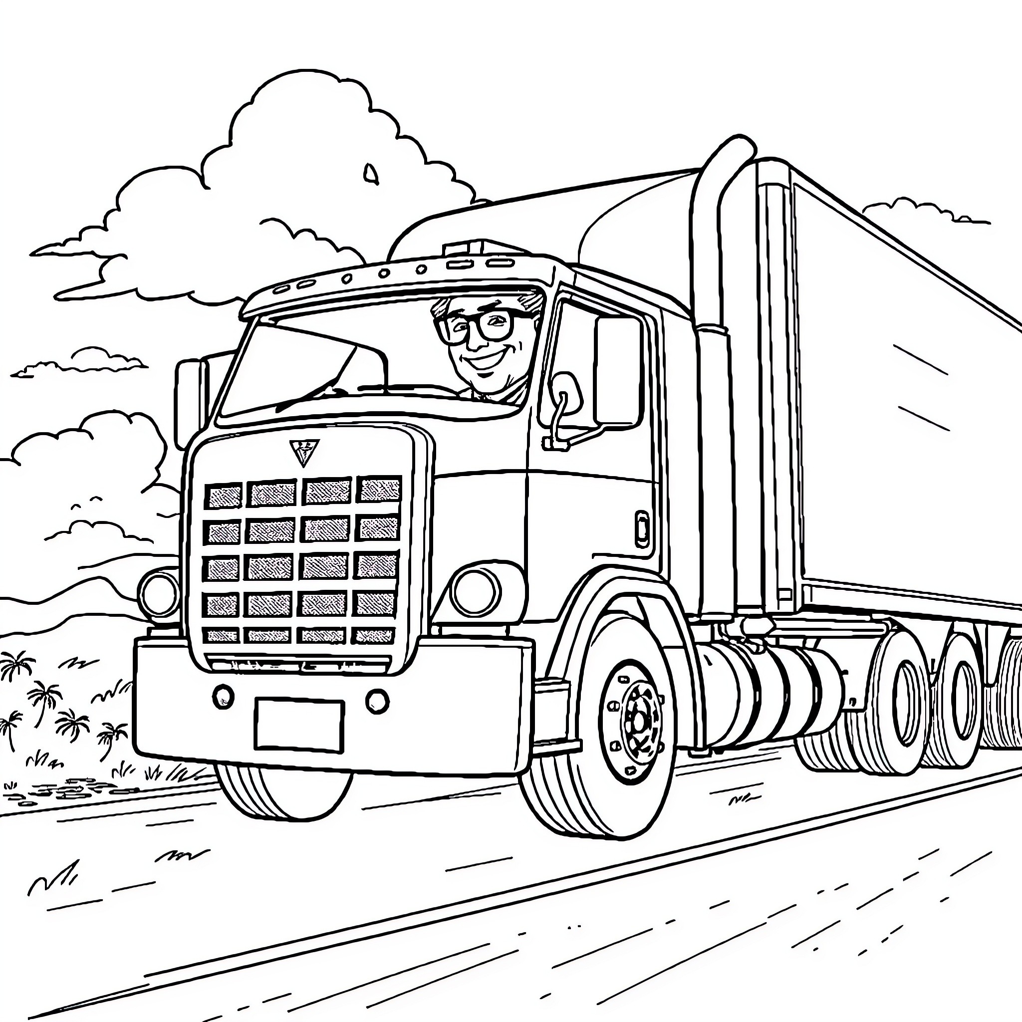 Man driving a large semi-truck on the highway Coloring Page (free black-and-white line drawing printable PDF for all, from beginners to advanced learners, including children, teens, adults, and seniors)