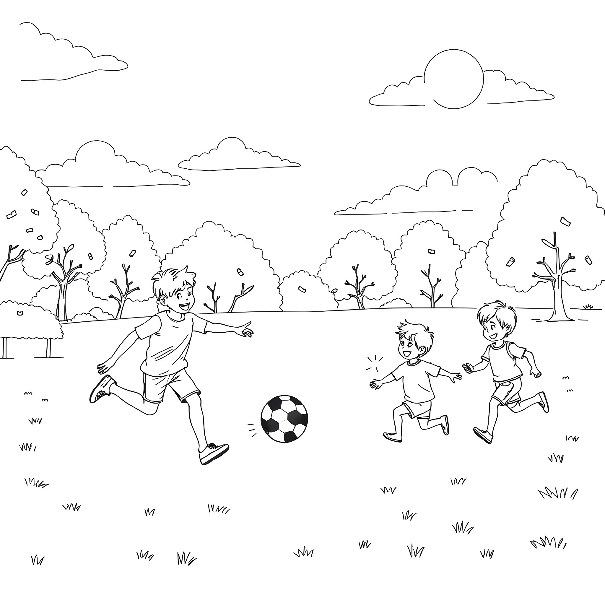 Father and sons playing soccer in a park Coloring Page (free black-and-white line drawing printable PDF for all, from beginners to advanced learners, including children, teens, adults, and seniors)