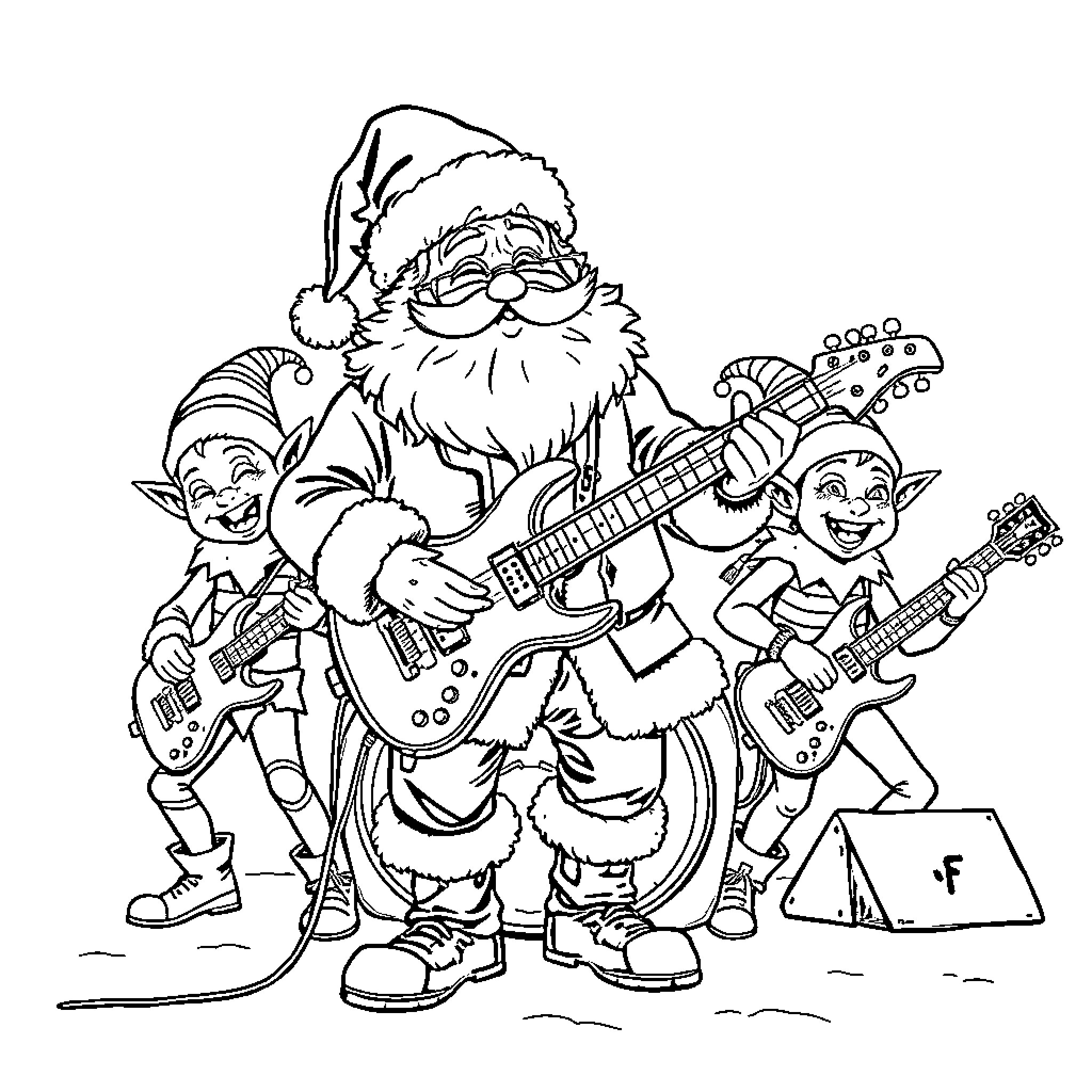 Santa and his merry elves performing on stage Coloring Page (free black-and-white line drawing printable PDF for all, from beginners to advanced learners, including children, teens, adults, and seniors)