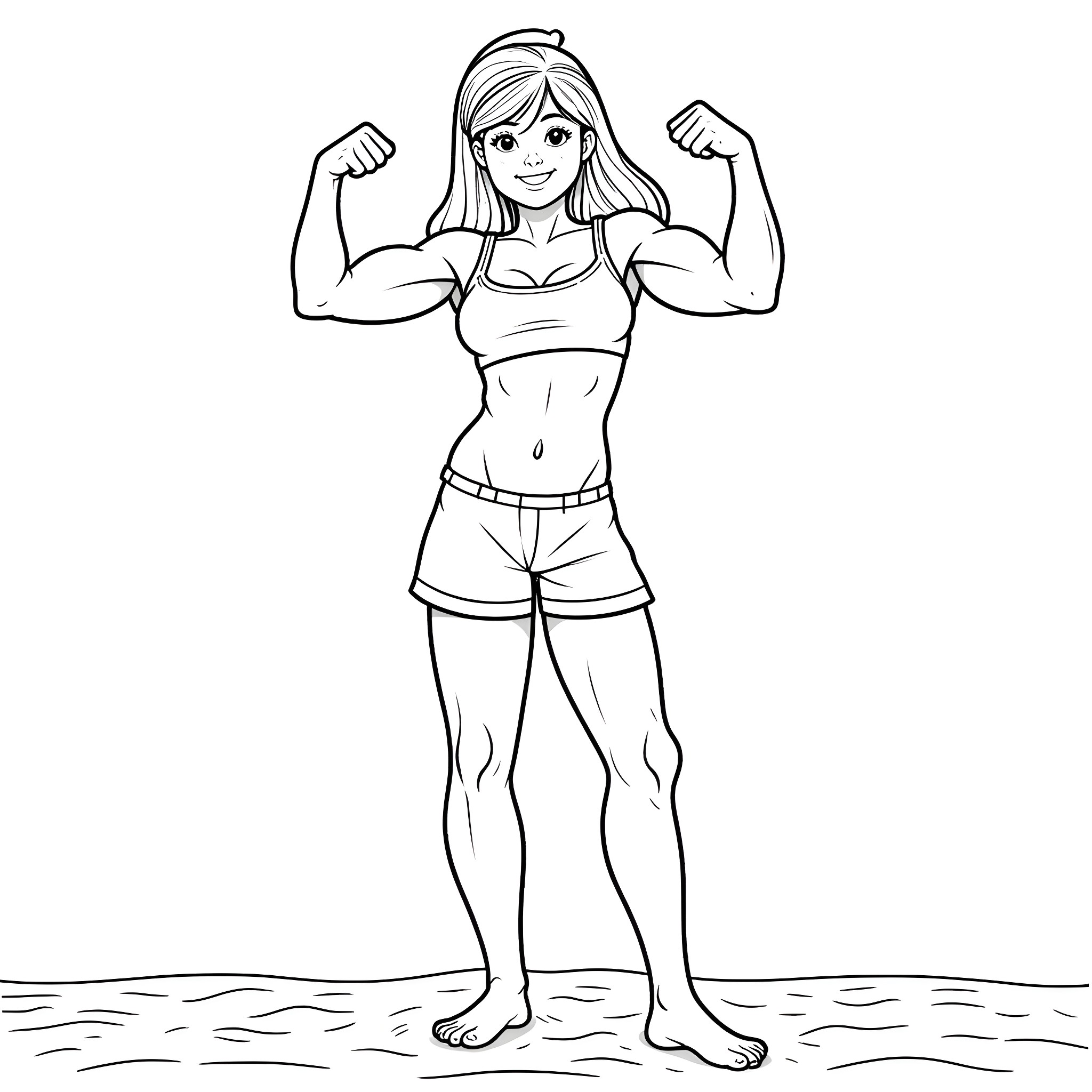 Girl displaying strength and determination Coloring Page (free black-and-white line drawing printable PDF for all, from beginners to advanced learners, including children, teens, adults, and seniors)