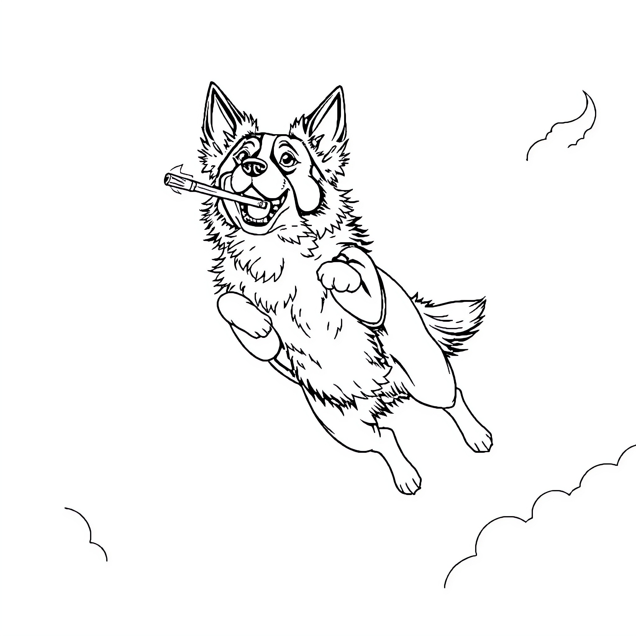 Border Collie jumping joyfully through the air Coloring Page (free black-and-white line drawing printable PDF for all, from beginners to advanced learners, including children, teens, adults, and seniors)