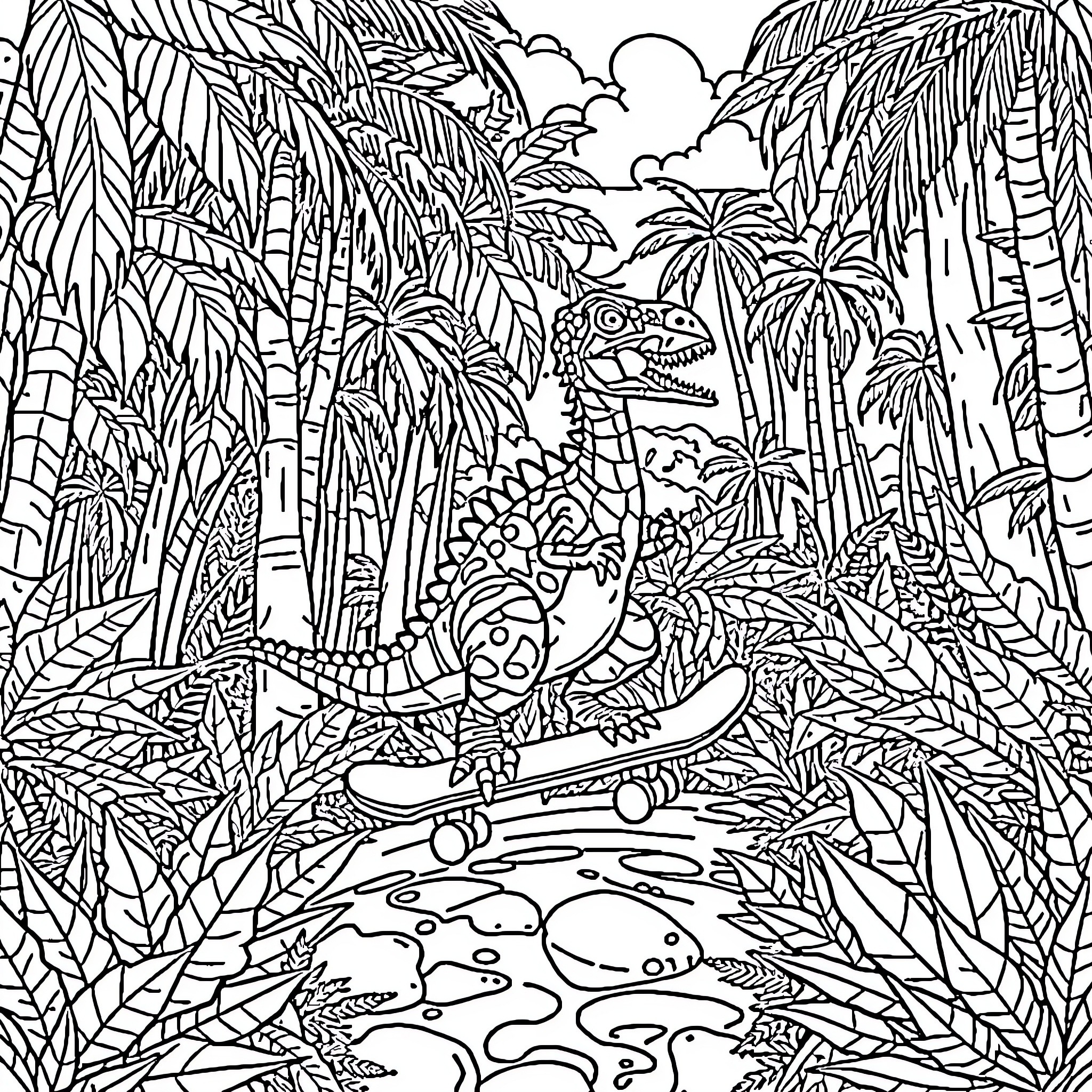 Dinosaur exploring the lush tropical jungle Coloring Page (free black-and-white line drawing printable PDF for all, from beginners to advanced learners, including children, teens, adults, and seniors)