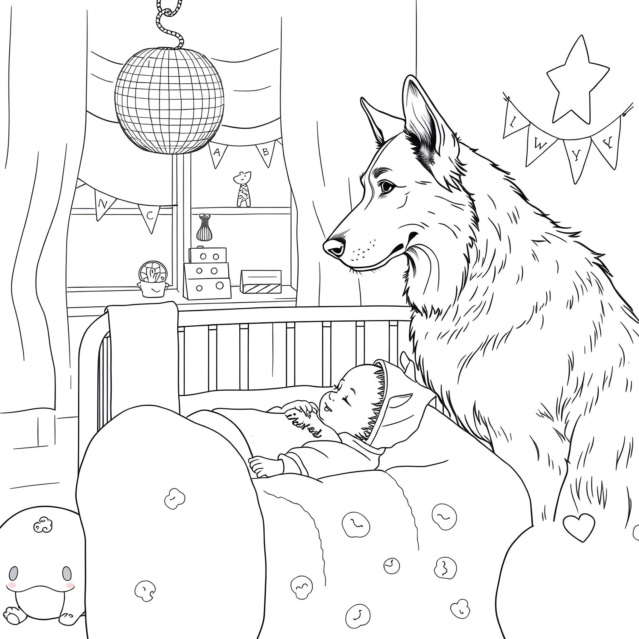 Dog watching over a sleeping child in a bedroom Coloring Page (free black-and-white line drawing printable PDF for all, from beginners to advanced learners, including children, teens, adults, and seniors)