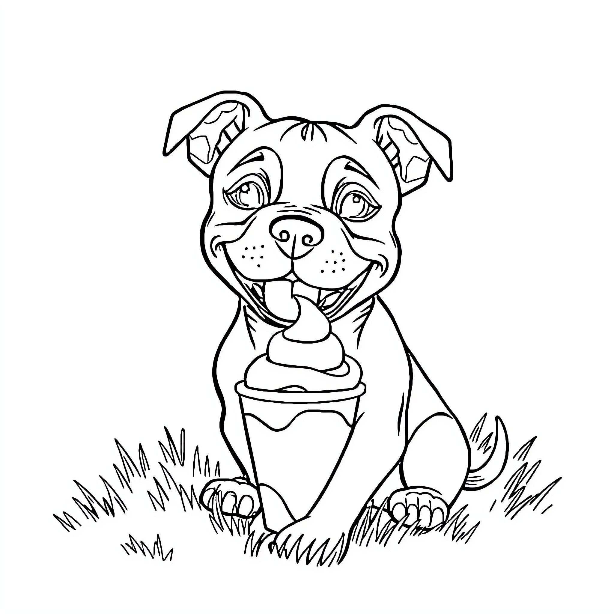 Pitbull puppy playing happily in the grass Coloring Page (free black-and-white line drawing printable PDF for all, from beginners to advanced learners, including children, teens, adults, and seniors)