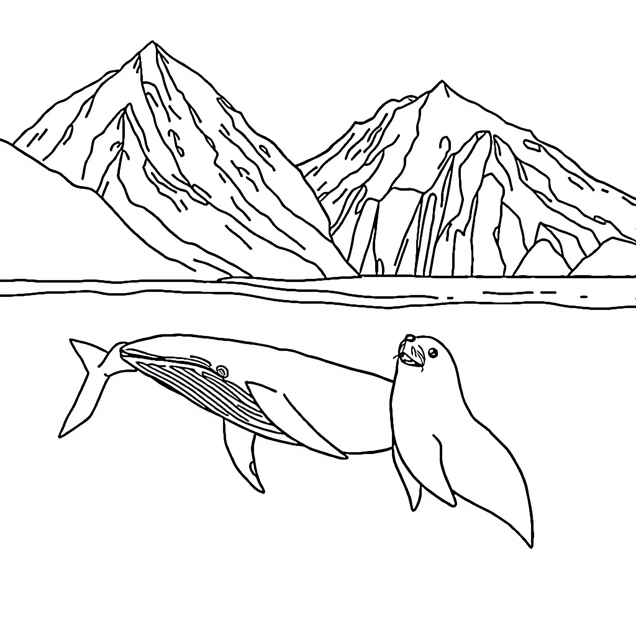 Humpback Whale swimming with penguin in icy waters Coloring Page (free black-and-white line drawing printable PDF for all, from beginners to advanced learners, including children, teens, adults, and seniors)