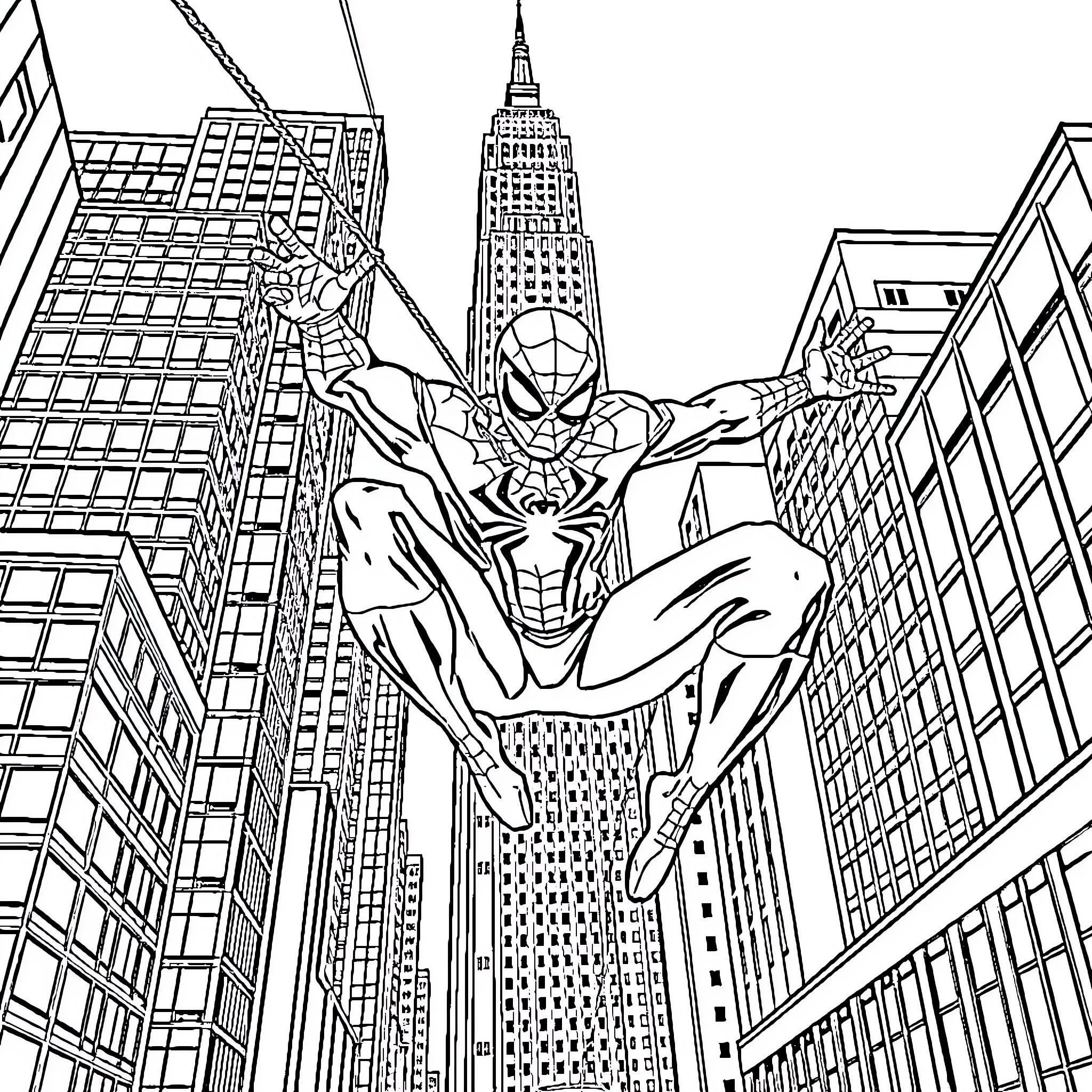 Spider-Man swinging through the New York City skyline Coloring Page (free black-and-white line drawing printable PDF for all, from beginners to advanced learners, including children, teens, adults, and seniors)