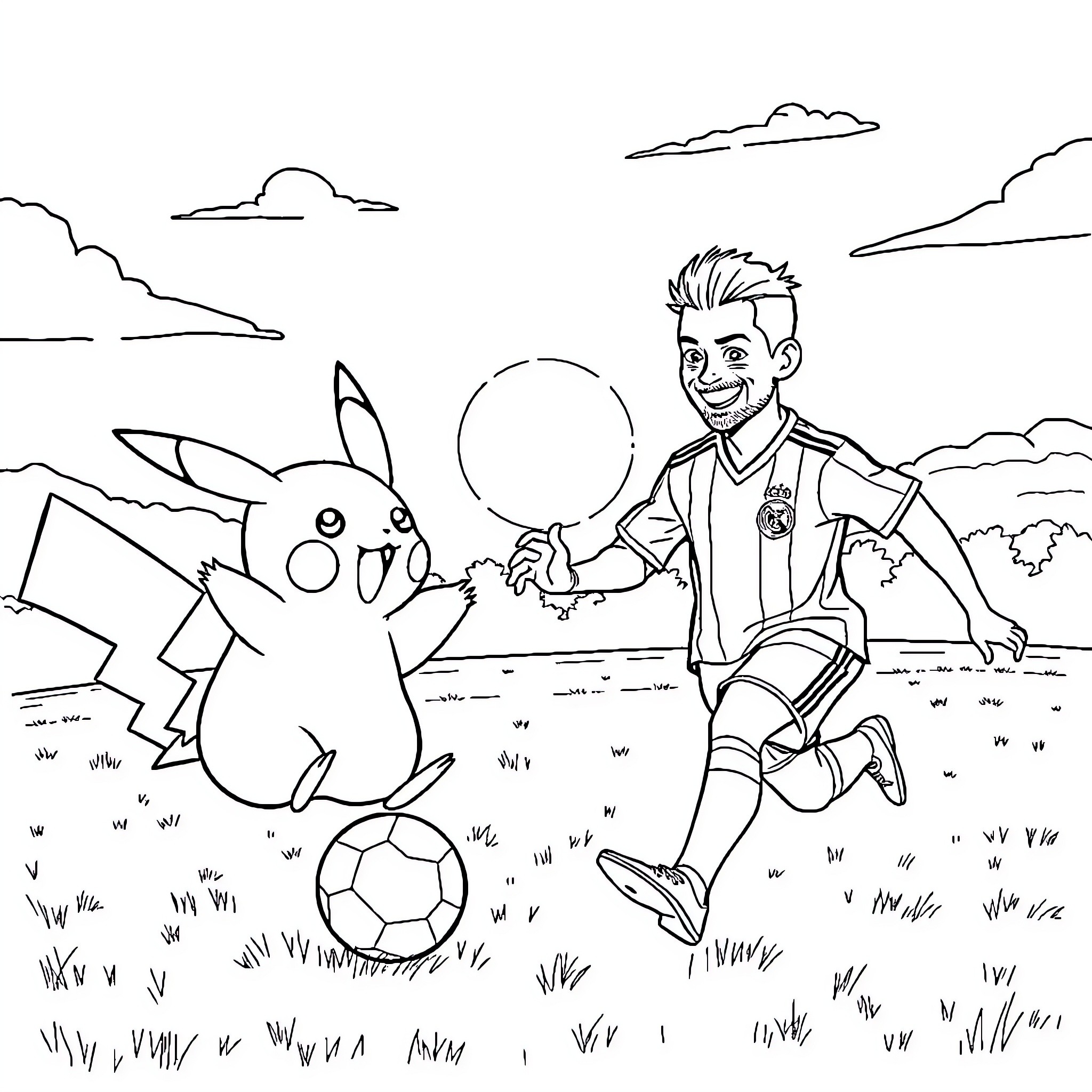 Pikachu playing soccer with a happy boy Coloring Page (free black-and-white line drawing printable PDF for all, from beginners to advanced learners, including children, teens, adults, and seniors)