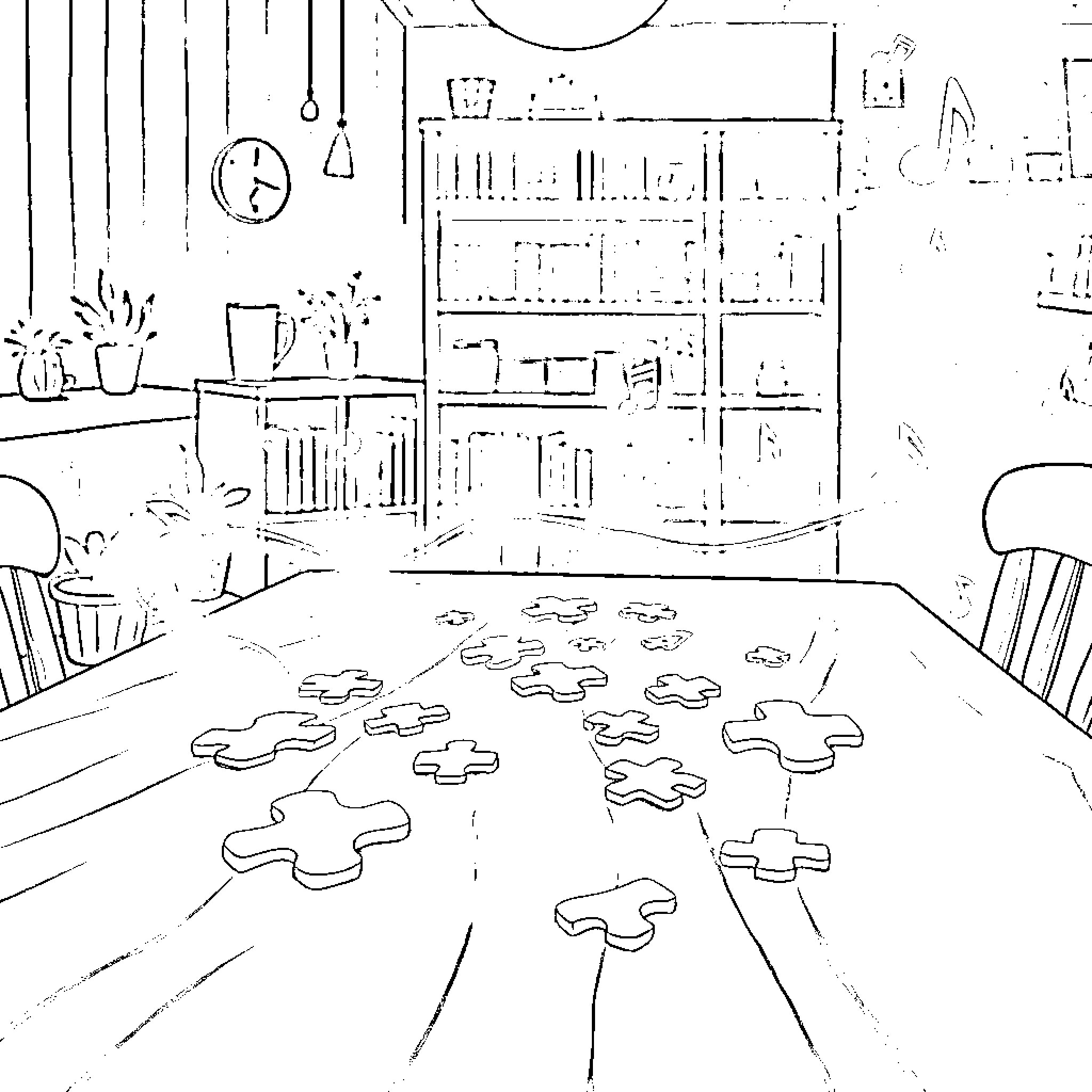 Puzzle pieces scattered on a table in a cozy room Coloring Page (free black-and-white line drawing printable PDF for all, from beginners to advanced learners, including children, teens, adults, and seniors)