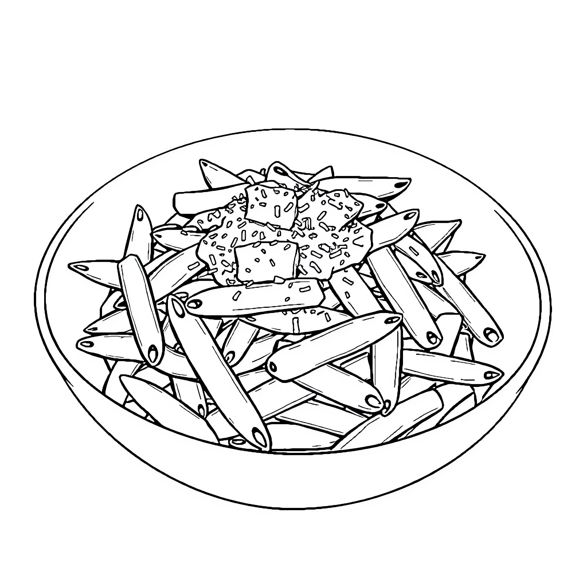 Pasta Dish with Vibrant Shapes and Textures Coloring Page (free black-and-white line drawing printable PDF for all, from beginners to advanced learners, including children, teens, adults, and seniors)