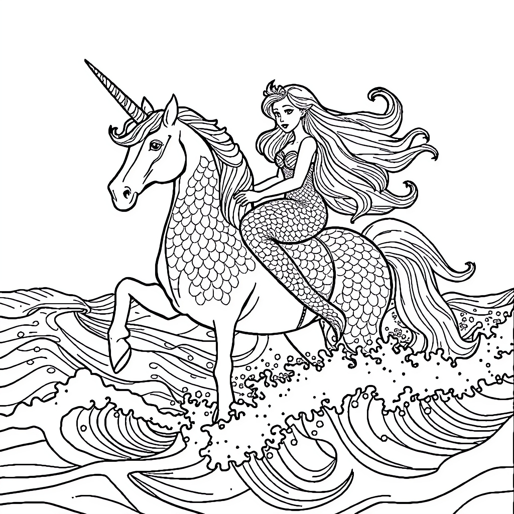Mermaid riding a majestic unicorn through the waves Coloring Page (free black-and-white line drawing printable PDF for all, from beginners to advanced learners, including children, teens, adults, and seniors)