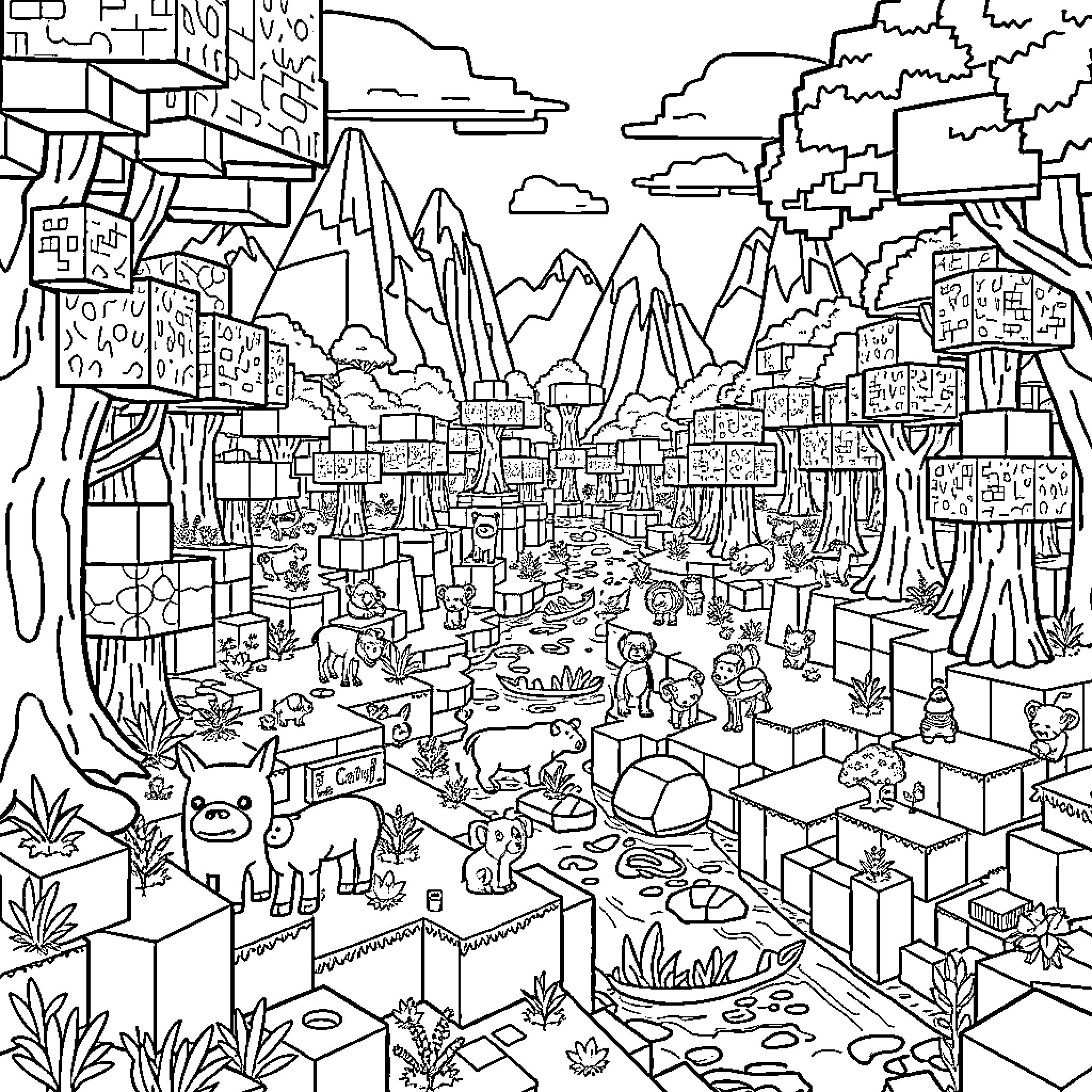 Minecraft world with diverse landscapes and structures Coloring Page (free black-and-white line drawing printable PDF for all, from beginners to advanced learners, including children, teens, adults, and seniors)