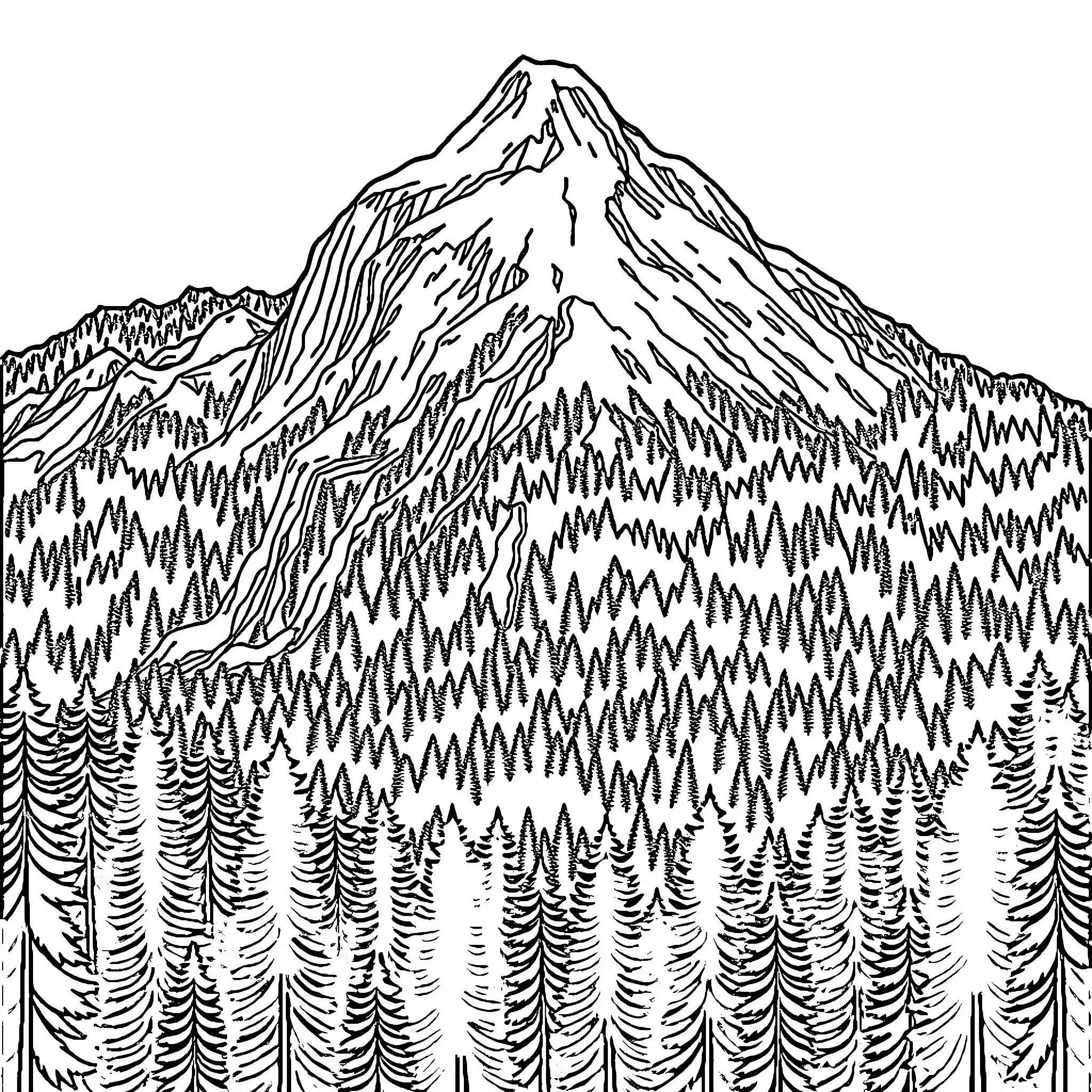 Mountain Landscape with Majestic Peak Coloring Page (free black-and-white line drawing printable PDF for all, from beginners to advanced learners, including children, teens, adults, and seniors)