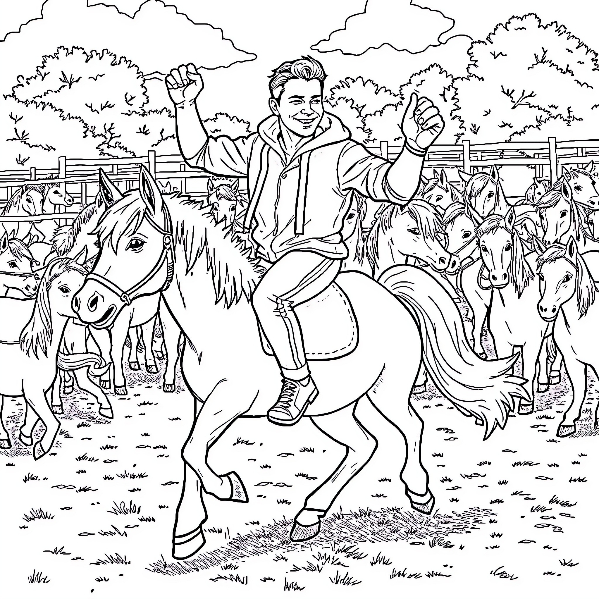Pony Riding Enthusiast Enjoys Day at the Ranch Coloring Page (free black-and-white line drawing printable PDF for all, from beginners to advanced learners, including children, teens, adults, and seniors)