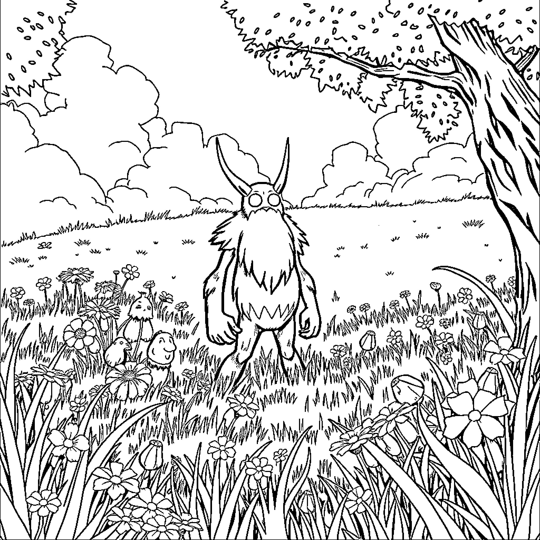 Maxx's Enchanted Nature Adventure Coloring Page (free black-and-white line drawing printable PDF for all, from beginners to advanced learners, including children, teens, adults, and seniors)