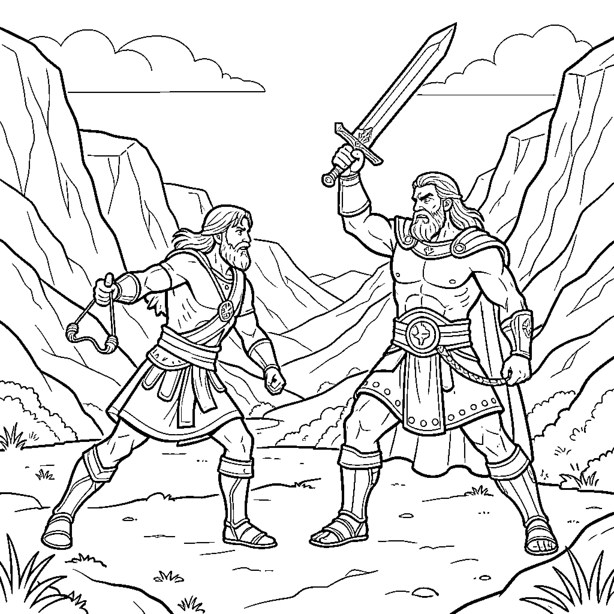 David facing a giant warrior in a mountain valley Coloring Page (free black-and-white line drawing printable PDF for all, from beginners to advanced learners, including children, teens, adults, and seniors)
