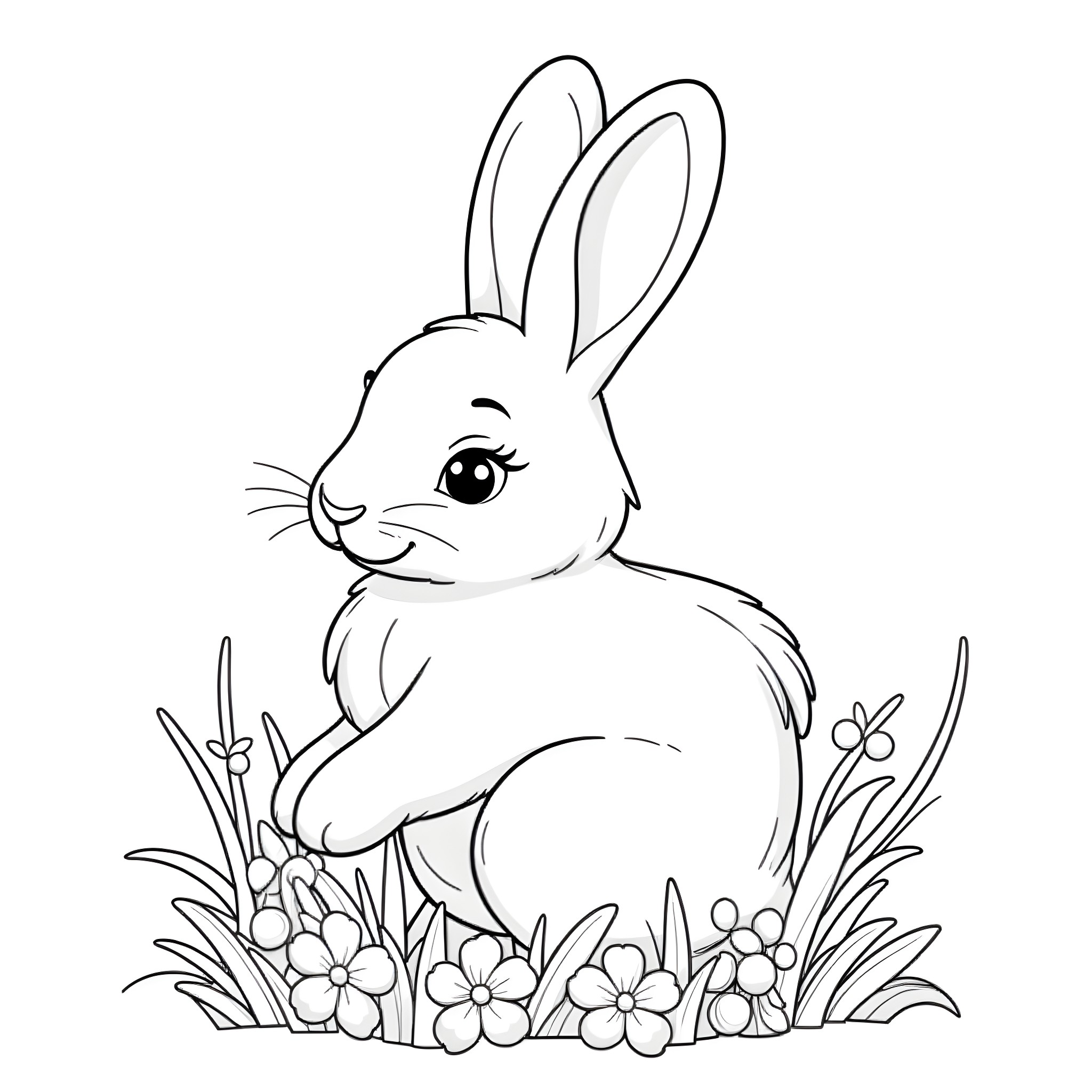 Bunny sitting in a flowery meadow Coloring Page (free black-and-white line drawing printable PDF for all, from beginners to advanced learners, including children, teens, adults, and seniors)