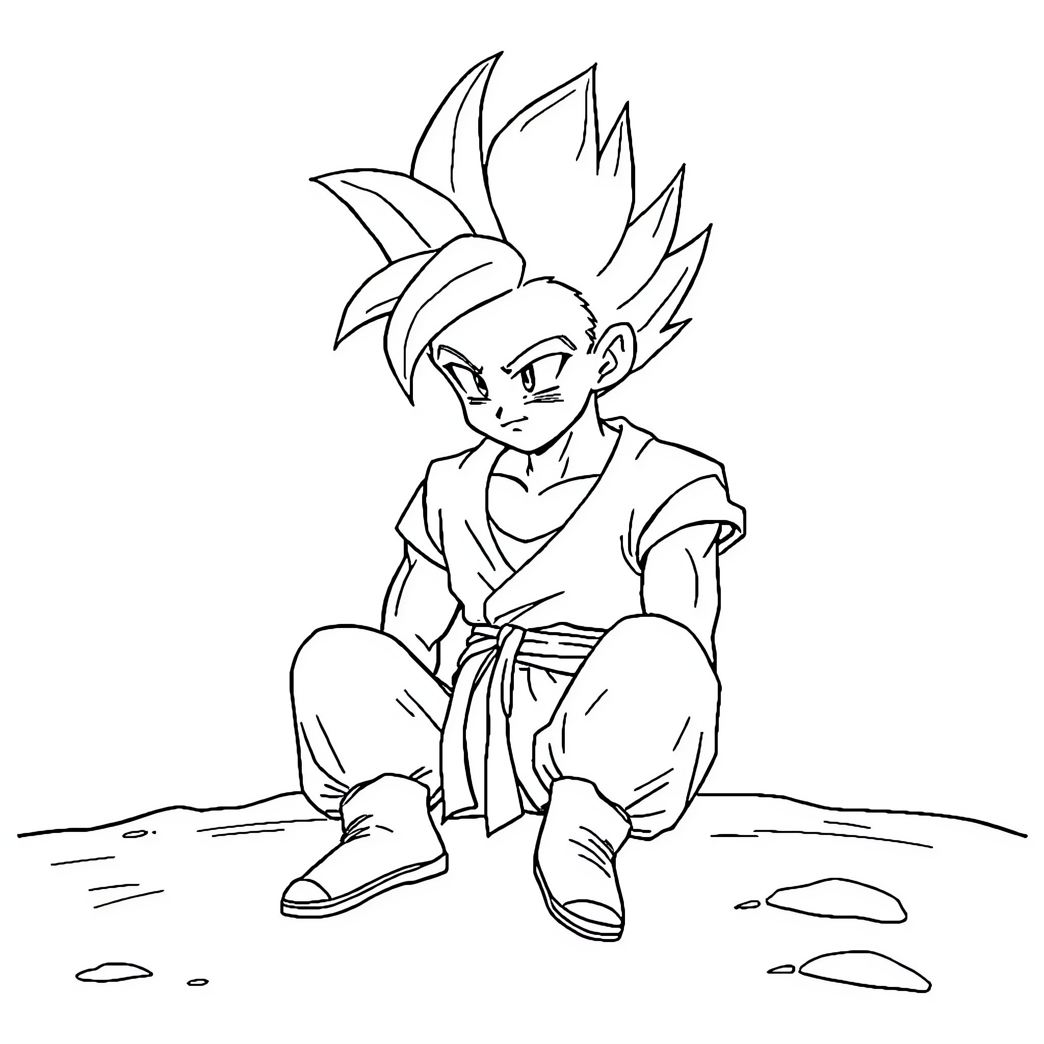 Gohan sitting with determined expression Coloring Page (free black-and-white line drawing printable PDF for all, from beginners to advanced learners, including children, teens, adults, and seniors)