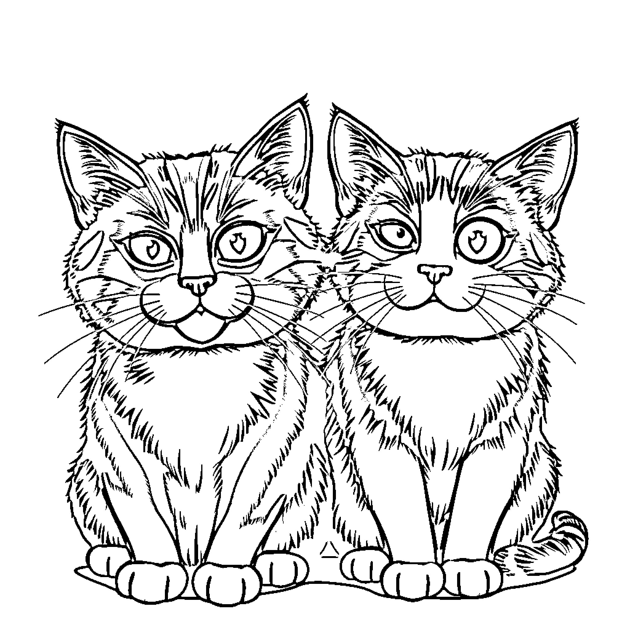 Cats sitting together in black and white Coloring Page (free black-and-white line drawing printable PDF for all, from beginners to advanced learners, including children, teens, adults, and seniors)
